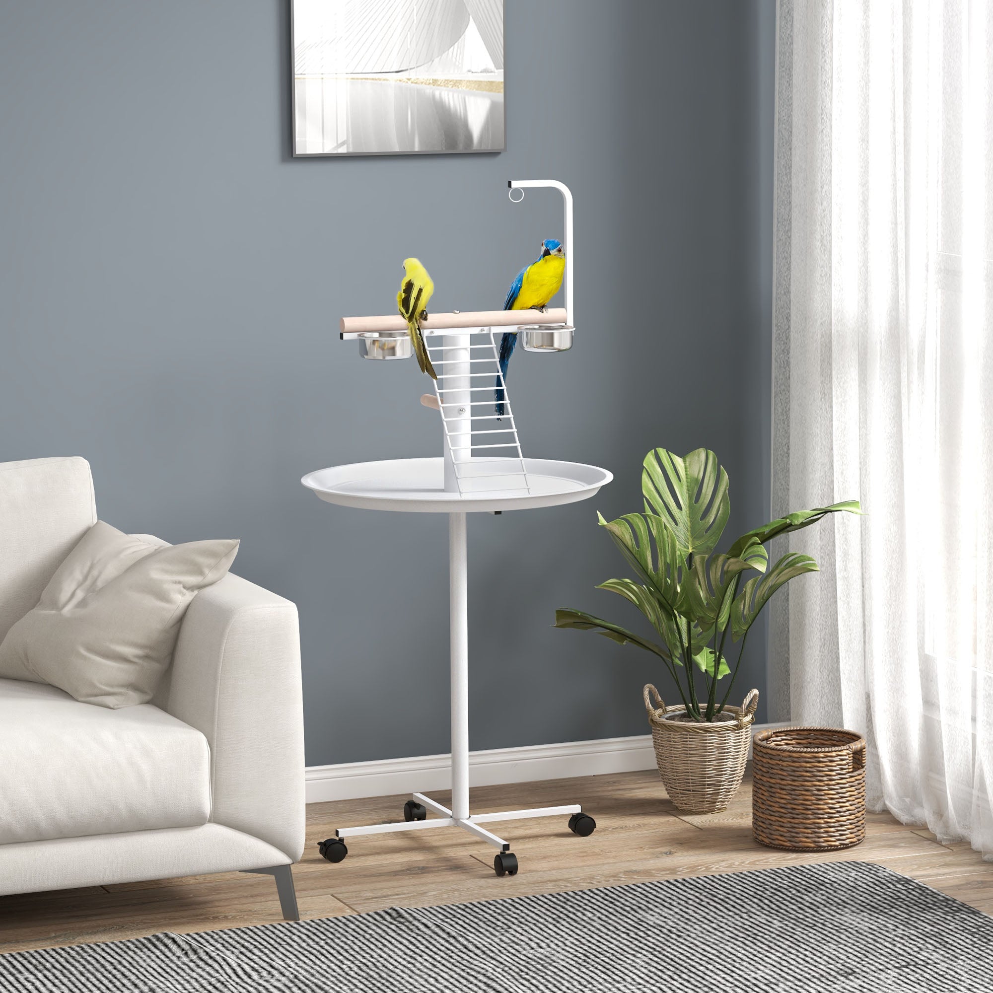 pawhut-perchoir-perroquet-sur-pied-roulettes-blanc-avec-gamelles-inox image 4