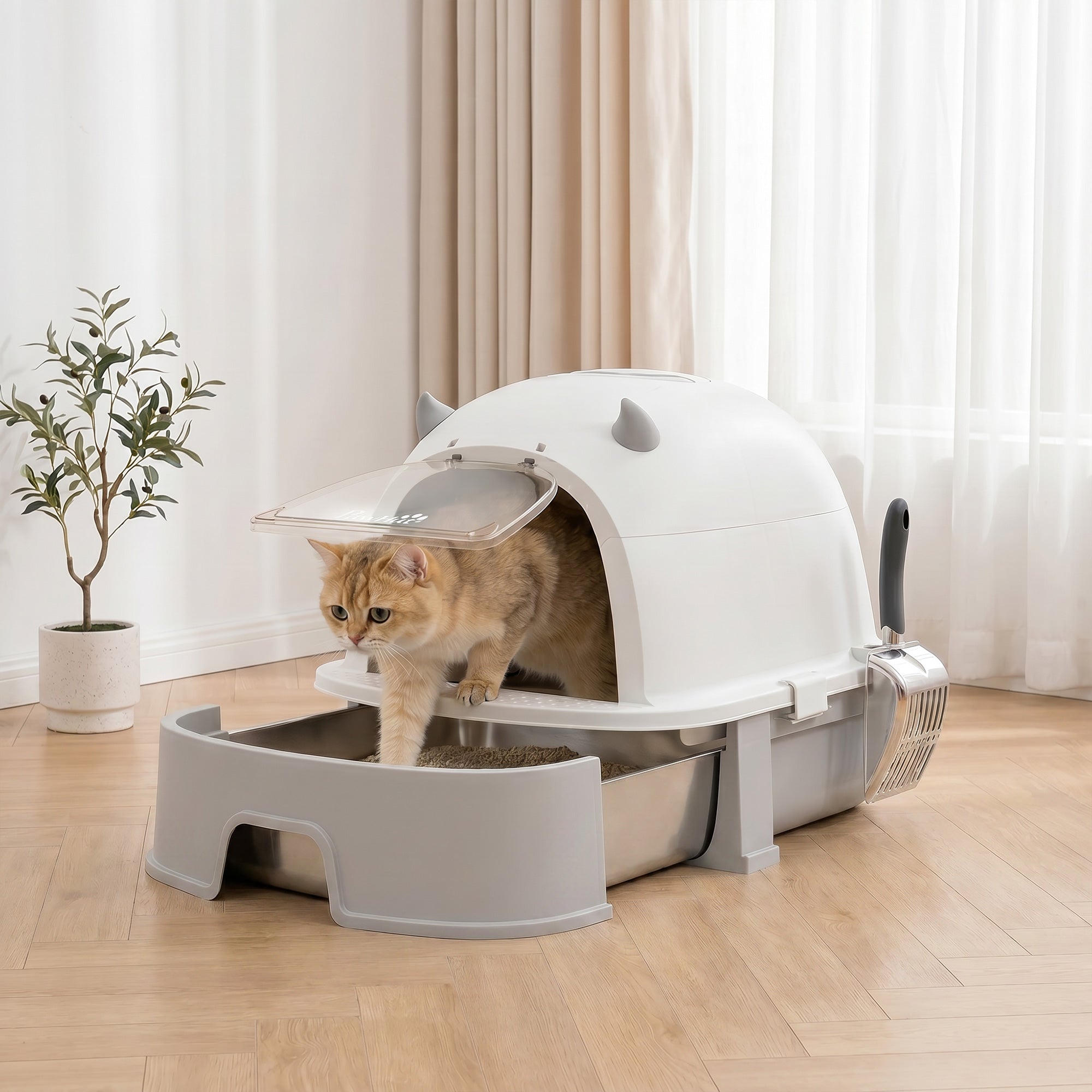 pawhut-bac-liti-re-pour-chat-inox-avec-capot-gris-tiroir-et-filtre-charbon image 4