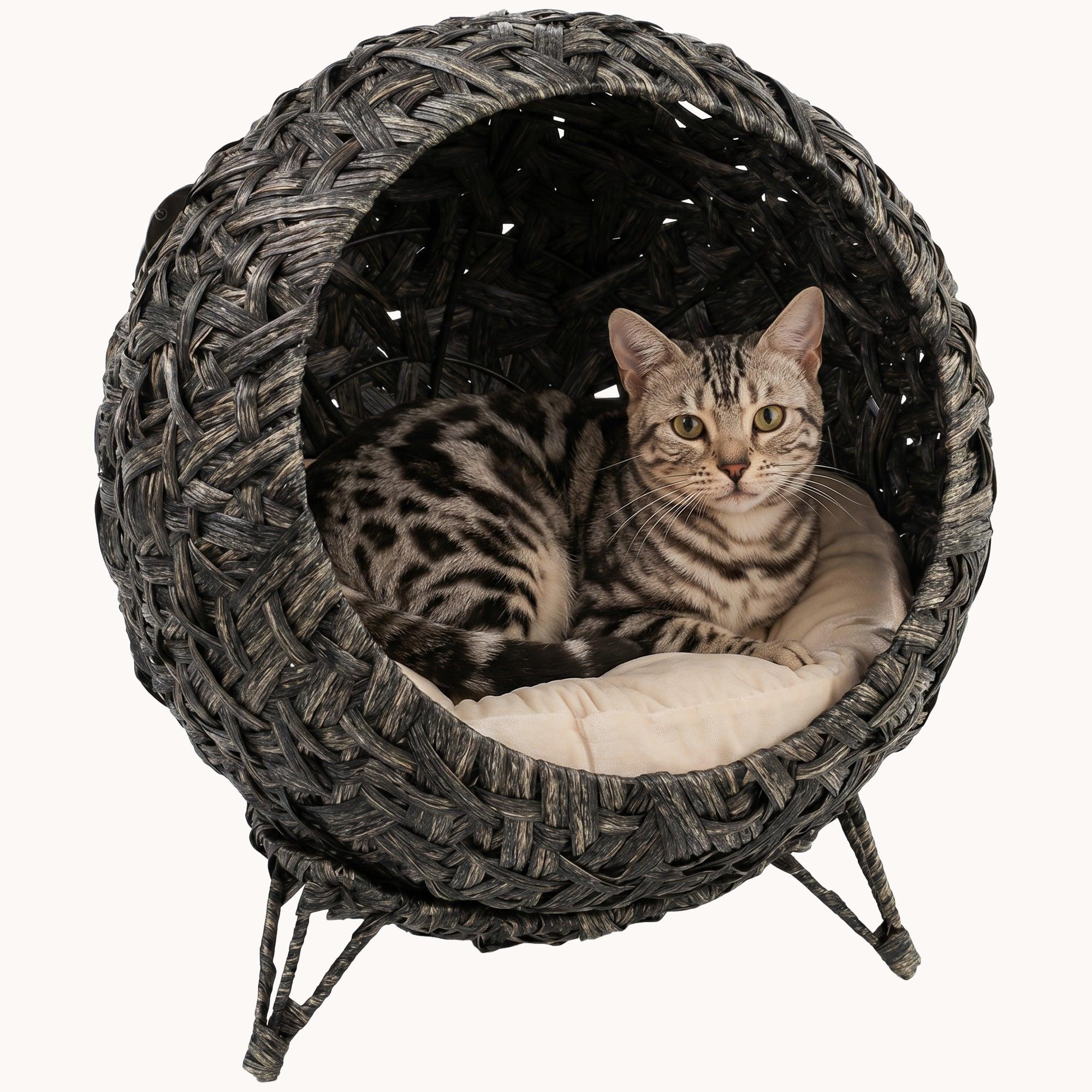 pawhut-lit-chat-sur-lev-rotin-tress-avec-coussin-et-base-m-tal-gris image 1