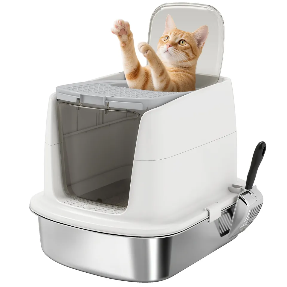 pawhut-bac-liti-re-pour-chat-avec-capot-en-inox-avec-pelle-et-d-sodorisant-blanc image 1