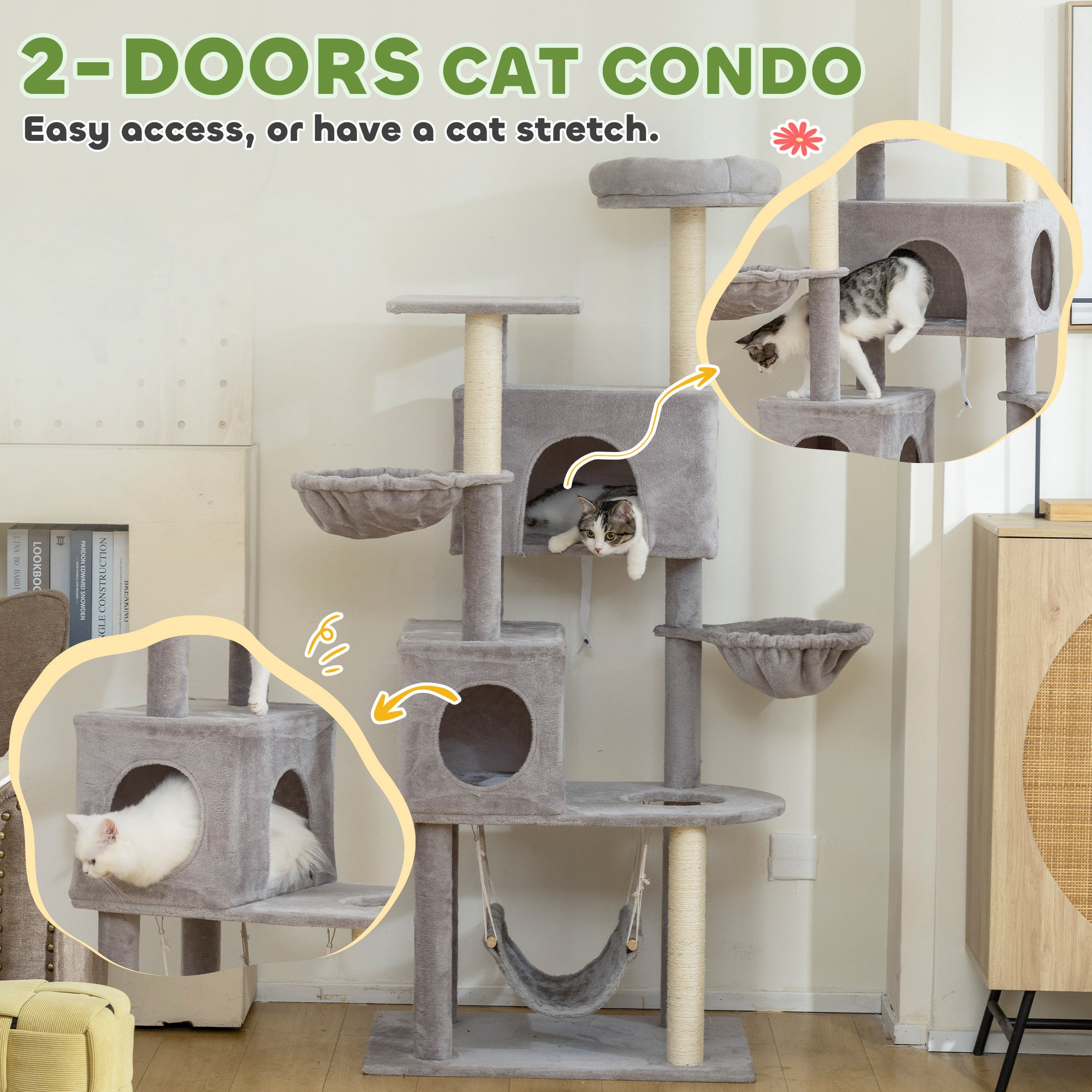 pawhut-arbre-chat-66-avec-2-niches-3-hamacs-et-perchoir-gris-clair image 7