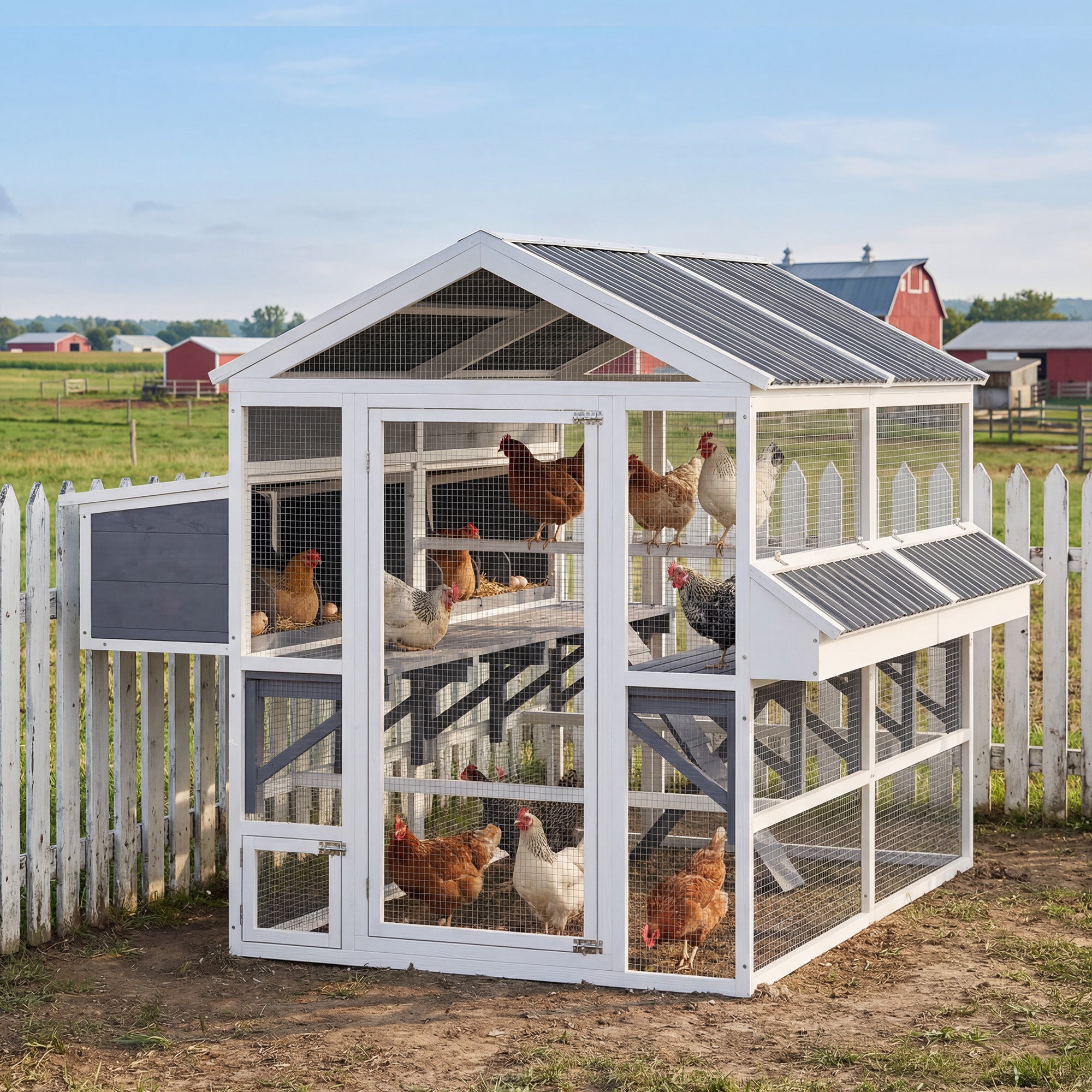 pawhut-grand-enclos-poules-avec-2-pondoirs-et-mangeoires-toit-imperm-able-gris image 3