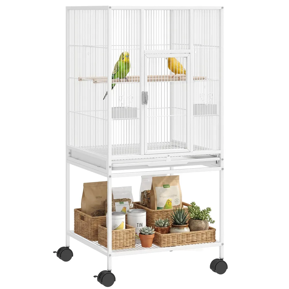 pawhut-cage-oiseaux-d-tachable-sur-roulettes-avec-tag-re-blanche-pour-petits-ois image 1