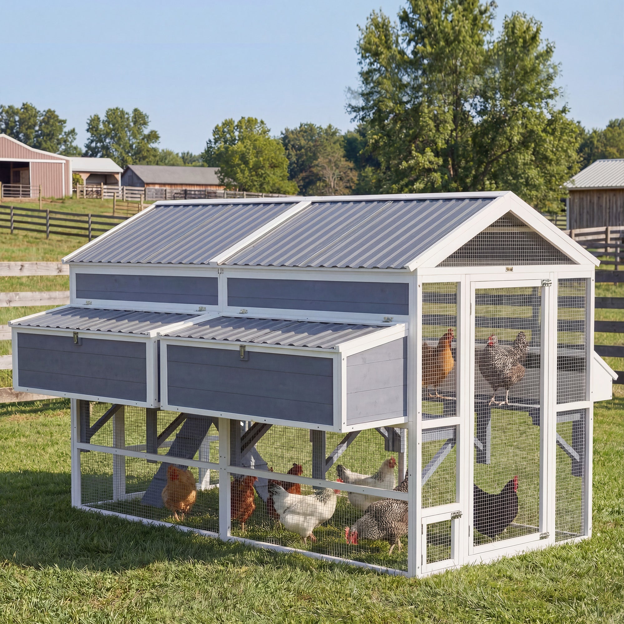pawhut-grand-enclos-poules-avec-2-pondoirs-et-mangeoires-toit-imperm-able-gris image 4