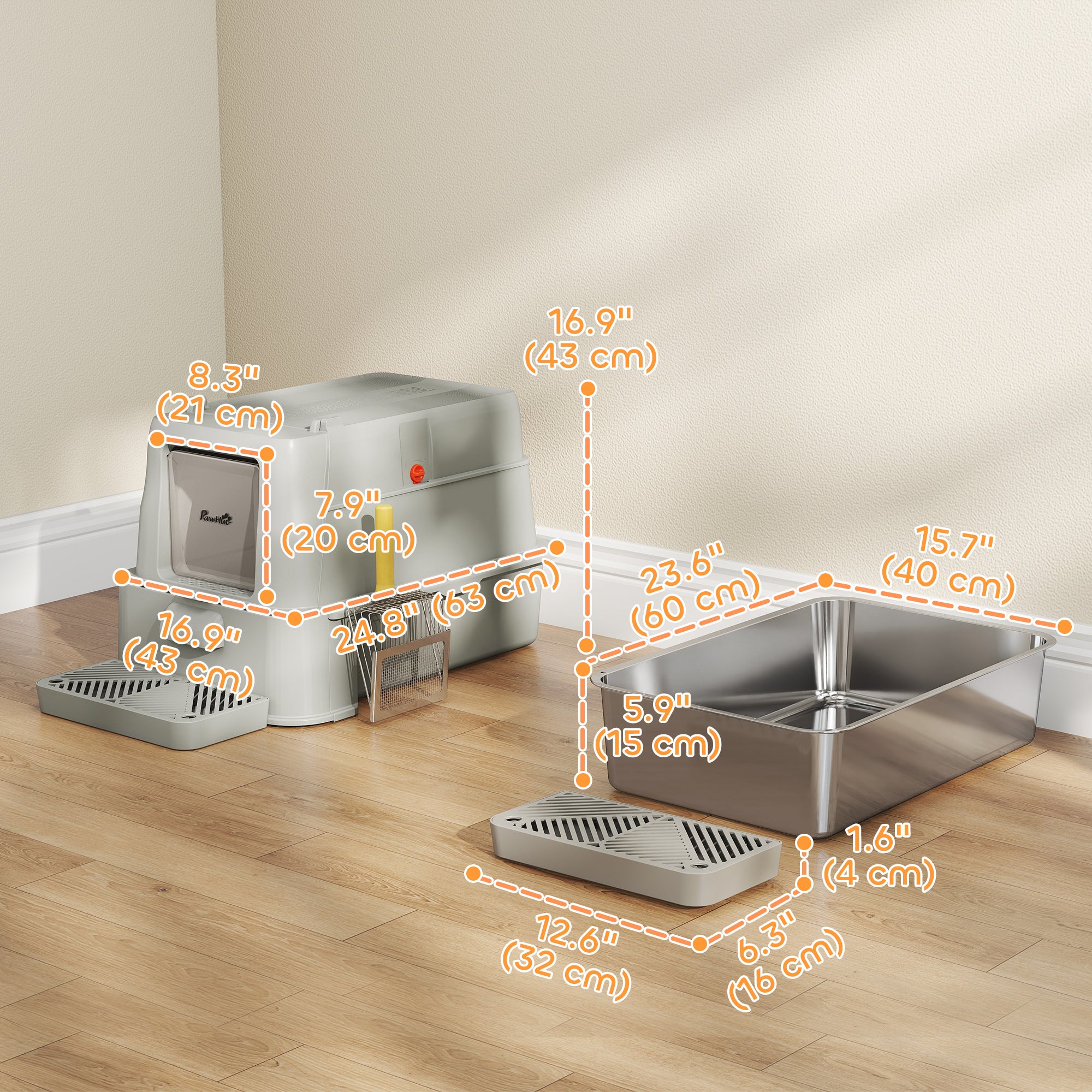 pawhut-bac-liti-re-inox-xl-avec-couvercle-et-tiroir-amovible-gris-clair image 5