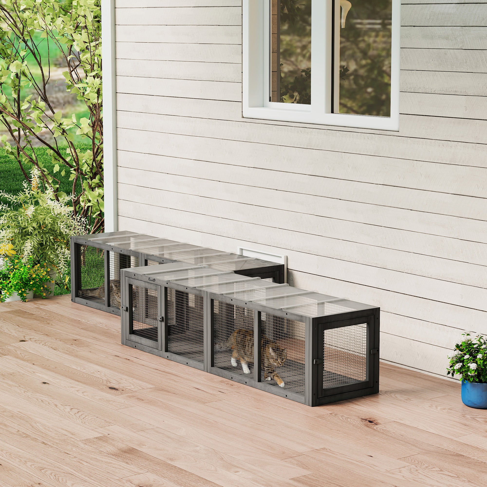 pawhut-tunnel-pour-chat-ext-rieur-modulaire-bois-3-portes-gris image 4