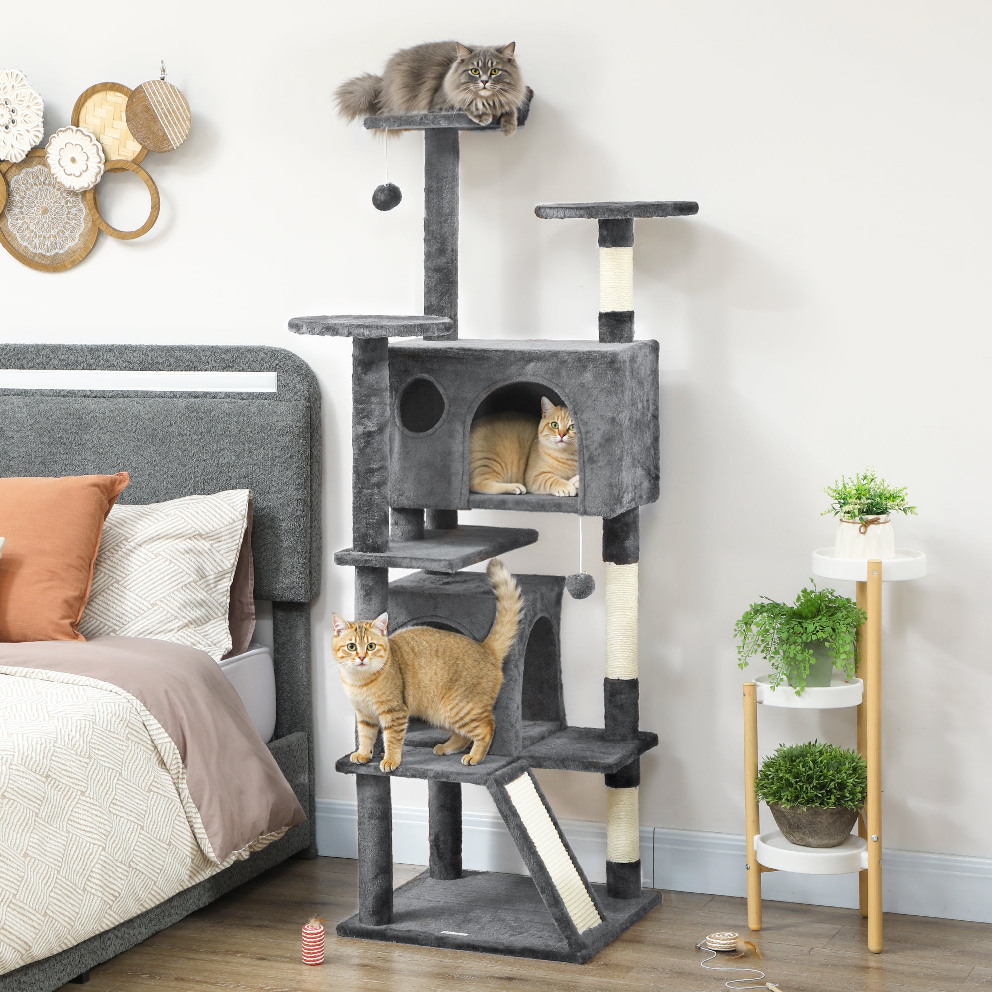 pawhut-arbre-chat-160-cm-avec-niches-lit-rampe-et-griffoir-gris-fonc image 4