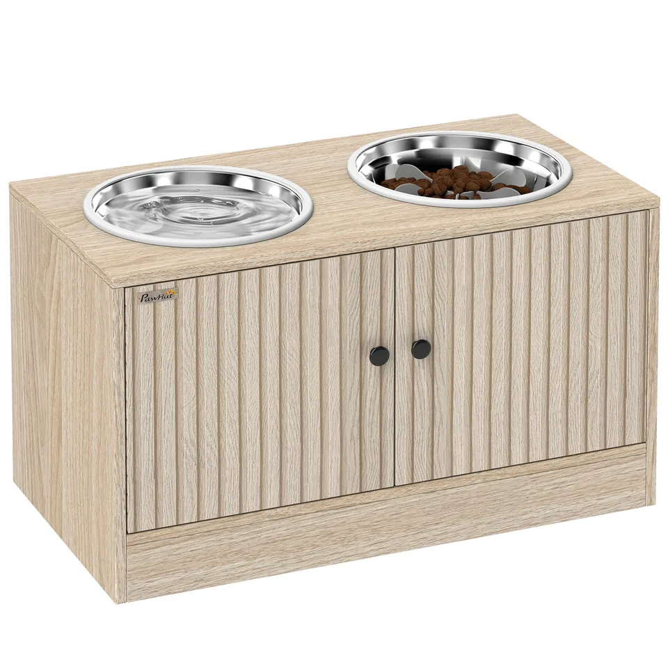 pawhut-gamelle-sur-lev-e-pour-chien-avec-meuble-de-rangement-et-2-bols-inox-ch-n image 1