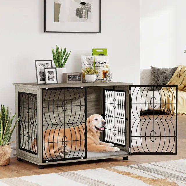 pawhut-table-d-appoint-cage-pour-chien-avec-coussin-pour-grands-animaux-gris image 1