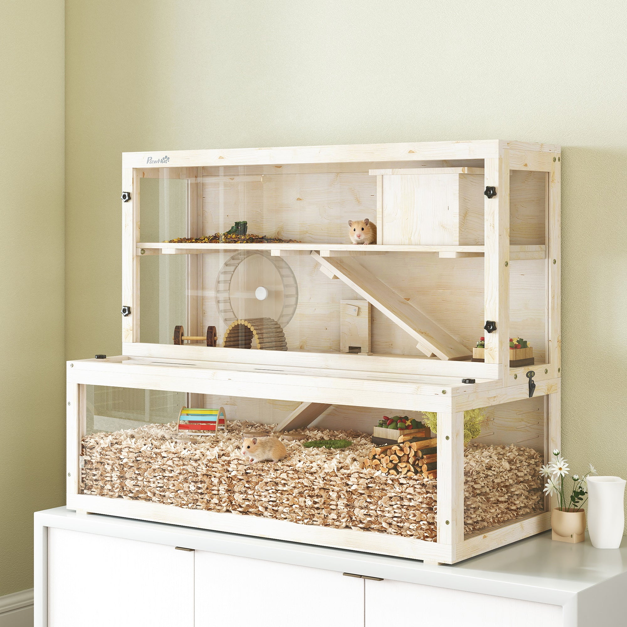 pawhut-cage-hamster-bois-3-tages-100-x-50-x-84-cm-avec-roue image 3