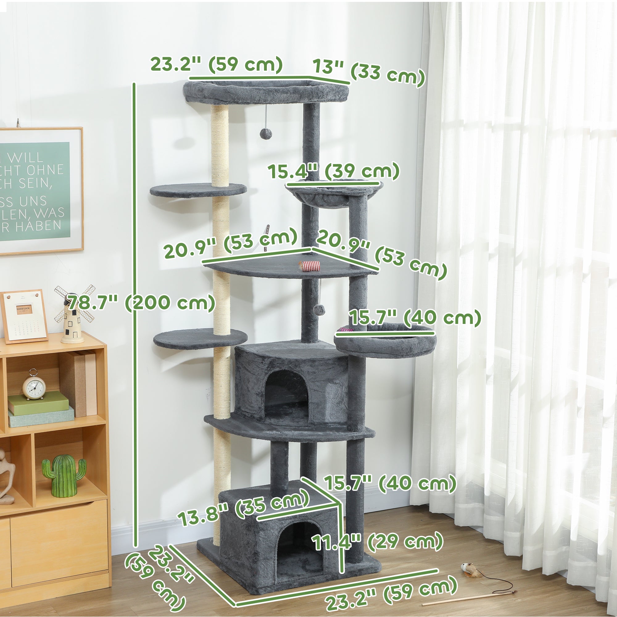 pawhut-arbre-chat-xxl-200-cm-gris-fonc-avec-2-grottes-2-perchoirs-et-hamac image 5