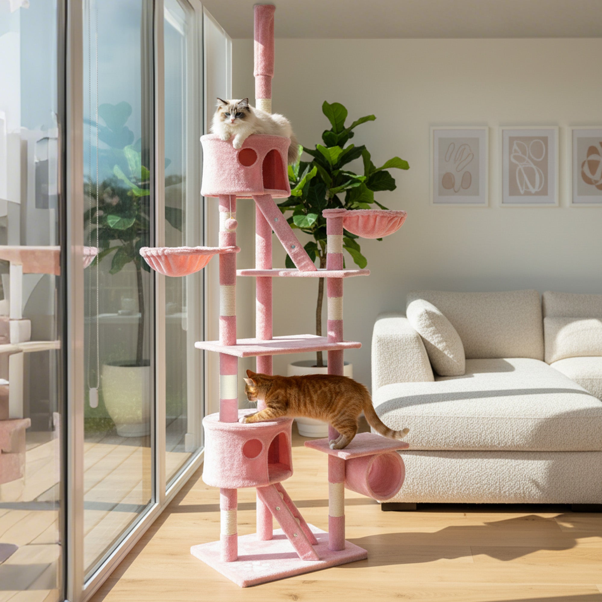 pawhut-arbre-chat-du-sol-au-plafond-7-niveaux-avec-hamacs-rose image 4