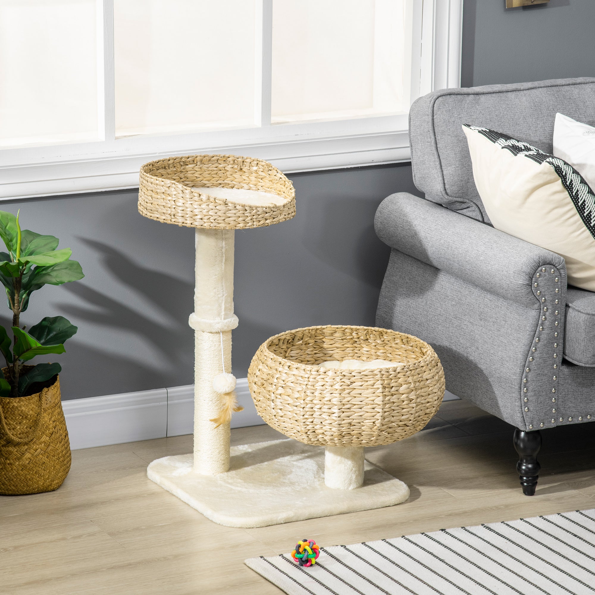 pawhut-arbre-chat-72-cm-maison-en-paille-tress-e-avec-griffoirs-et-coussins image 4