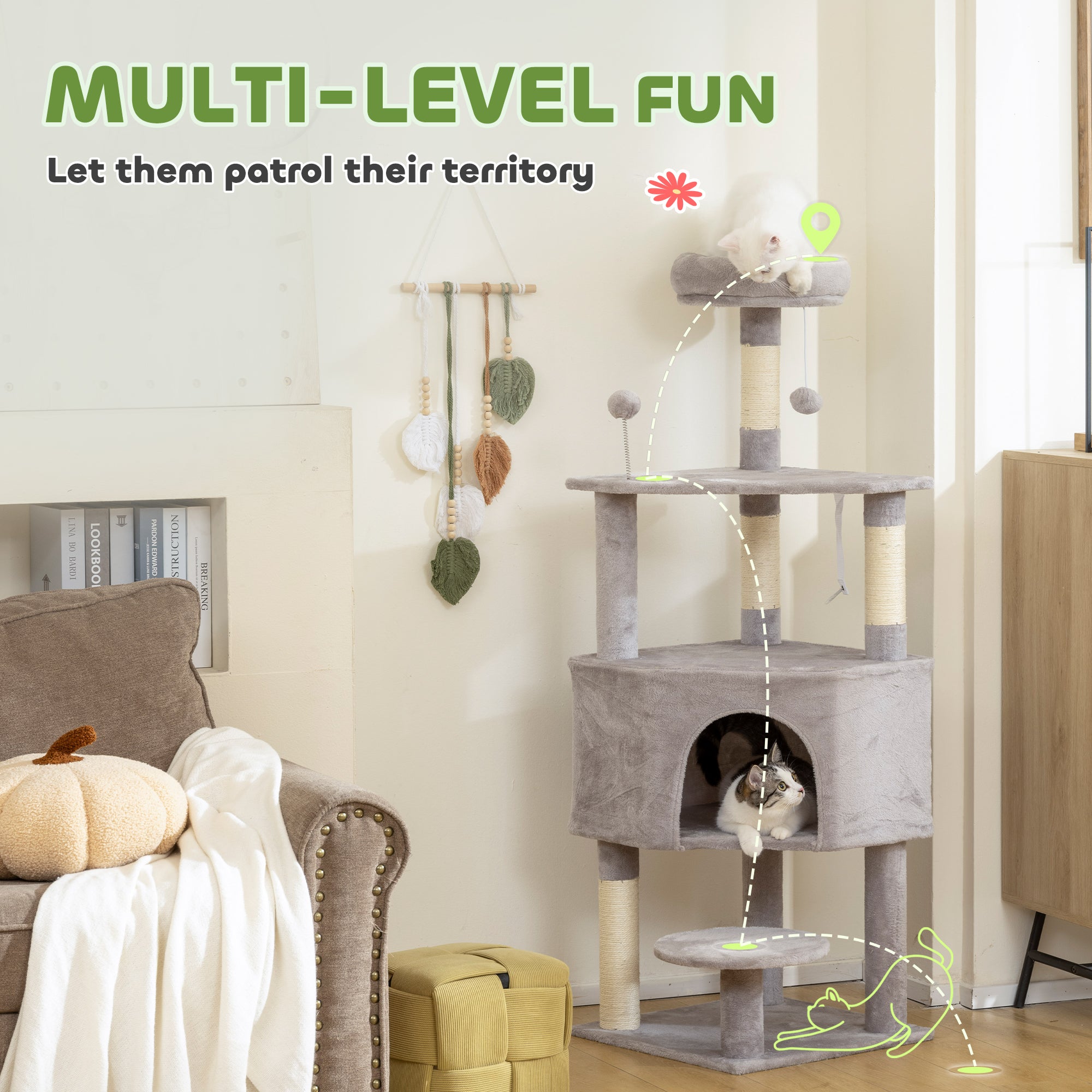 pawhut-arbre-chat-54-avec-niche-perchoir-et-griffoirs-sisal-gris-clair image 6
