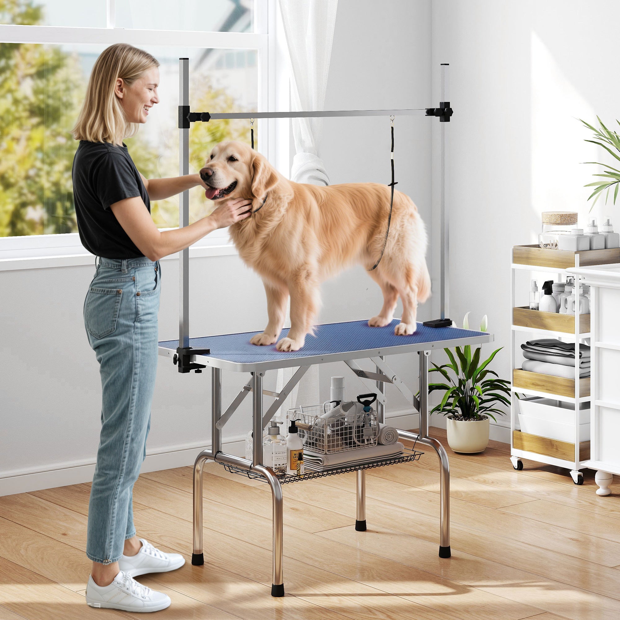 pawhut-table-de-toilettage-pliable-pour-chien-107x60x170cm-plateau-caoutchouc-bl image 3
