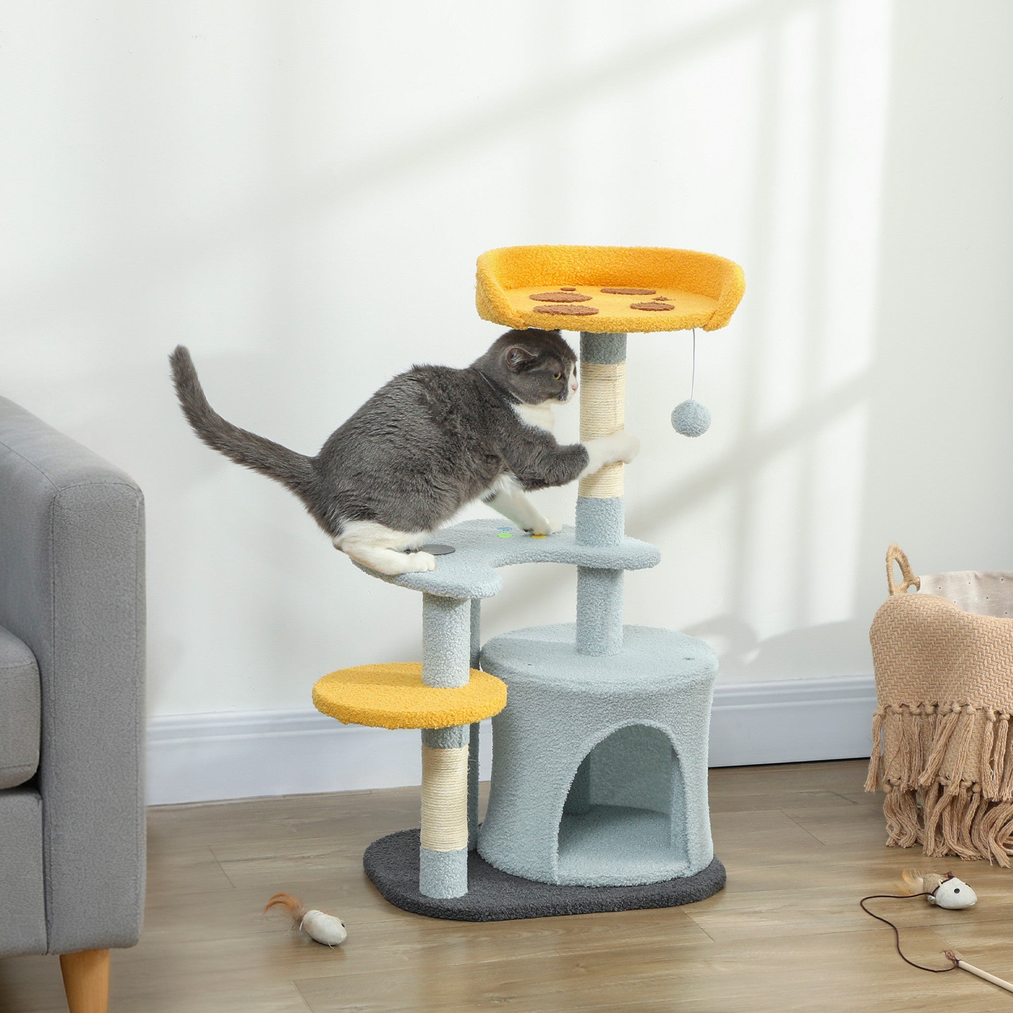 pawhut-arbre-chat-80-cm-avec-niche-perchoir-pizza-et-griffoir-bleu image 4