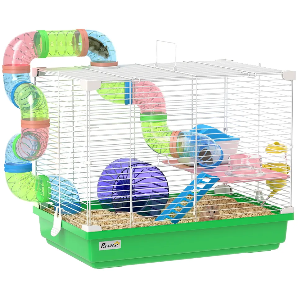 pawhut-cage-hamster-2-tages-avec-roue-maison-et-tunnel-vert image 1