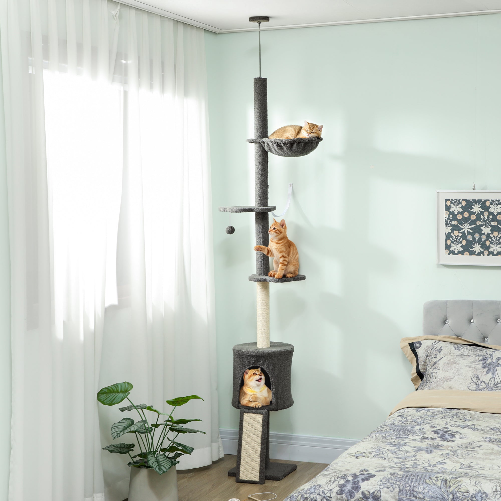 pawhut-arbre-chat-plafond-r-glable-220-240-cm-avec-hamac-gris-fonc image 3