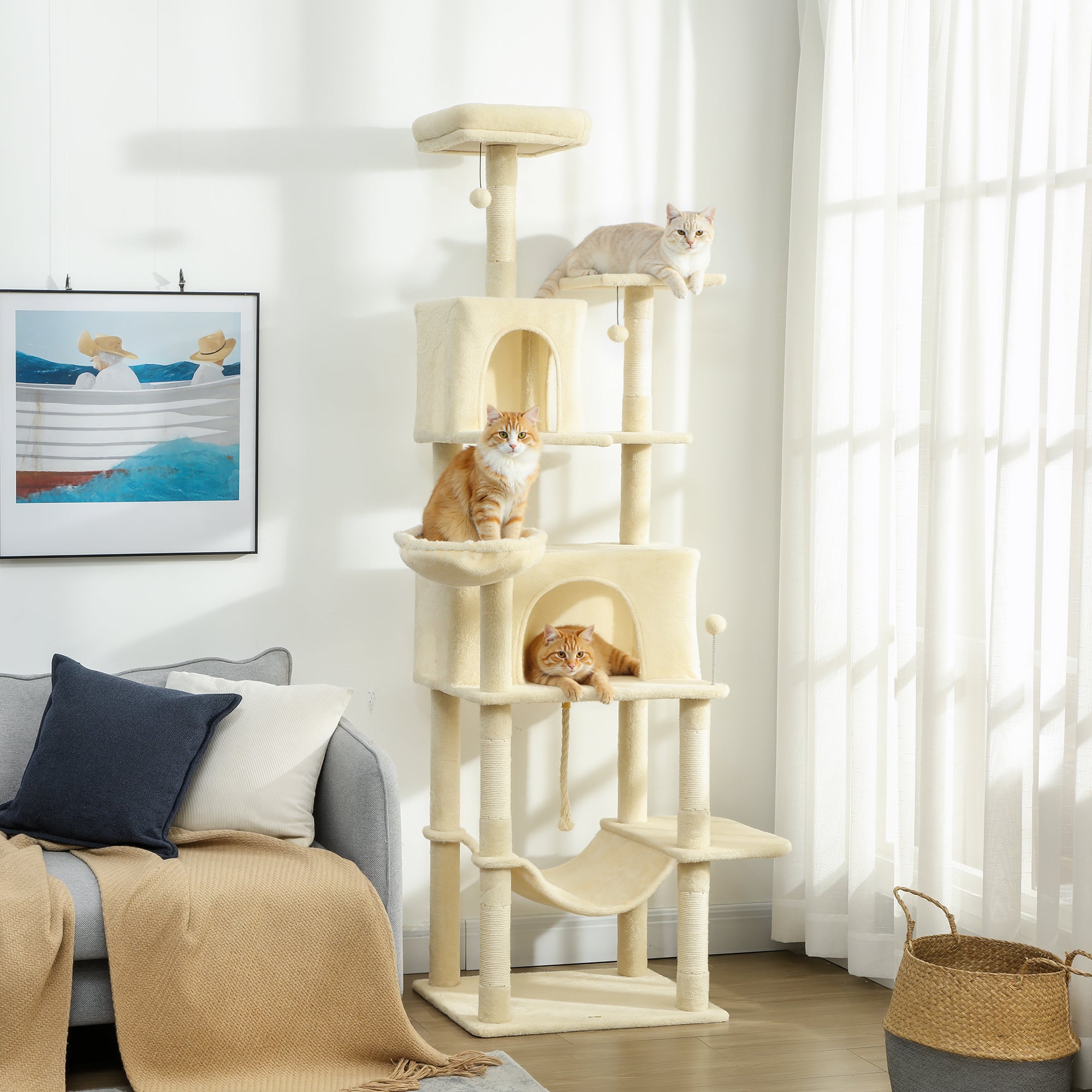 pawhut-arbre-chat-202-cm-avec-6-griffoirs-2-niches-et-2-hamacs-beige image 4