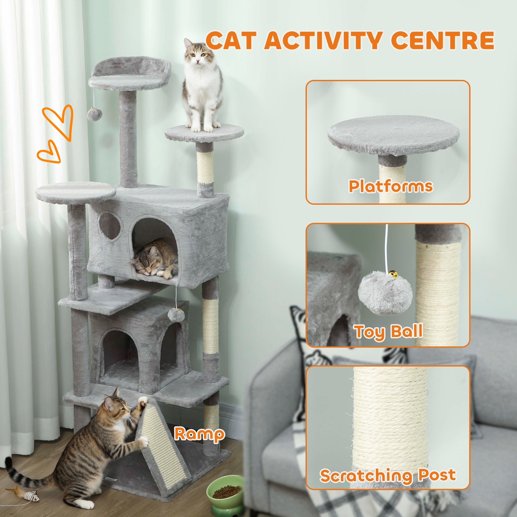pawhut-arbre-chat-160-cm-avec-grifoire-rampe-deux-cabanes-et-panier-gris-clair image 6