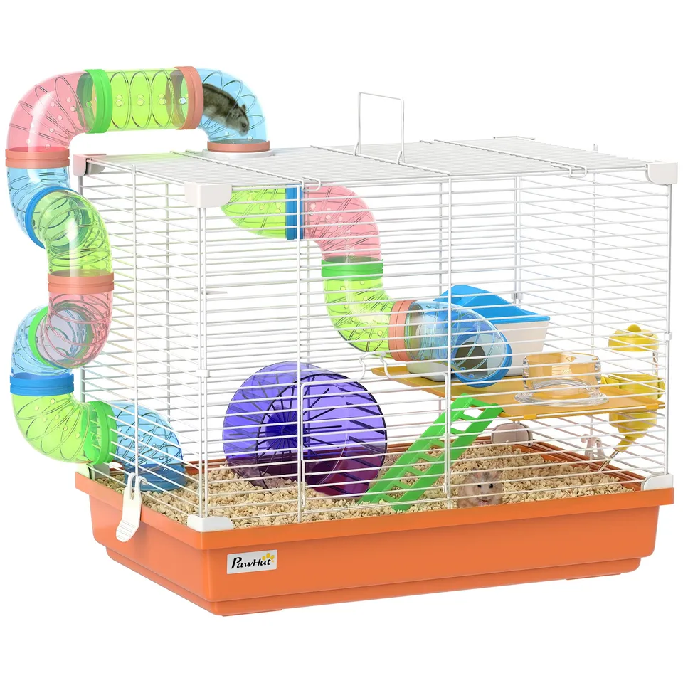 pawhut-cage-hamster-2-niveaux-18-avec-tunnels-et-accessoires-orange image 1