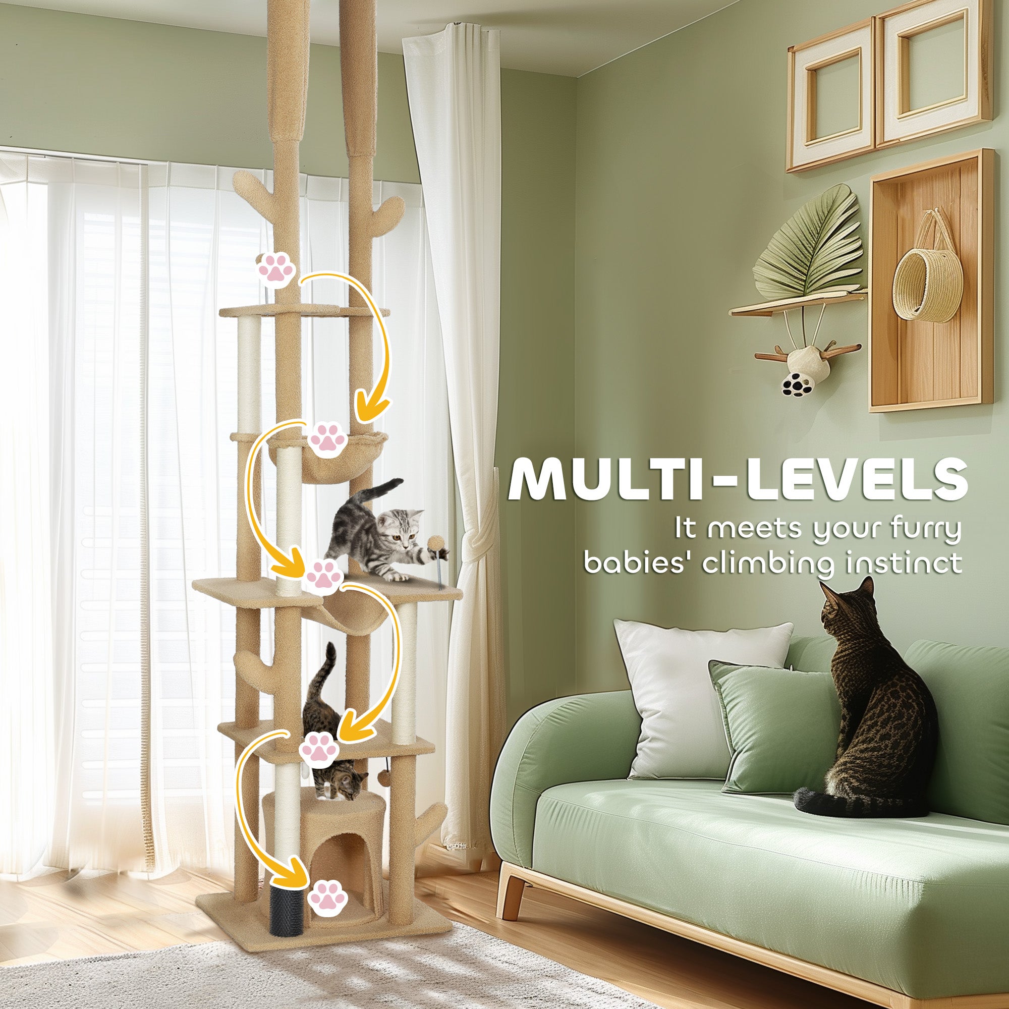 pawhut-arbre-chat-sol-plafond-r-glable-225-254-cm-cactus-avec-brosse-et-hamac-ma image 8