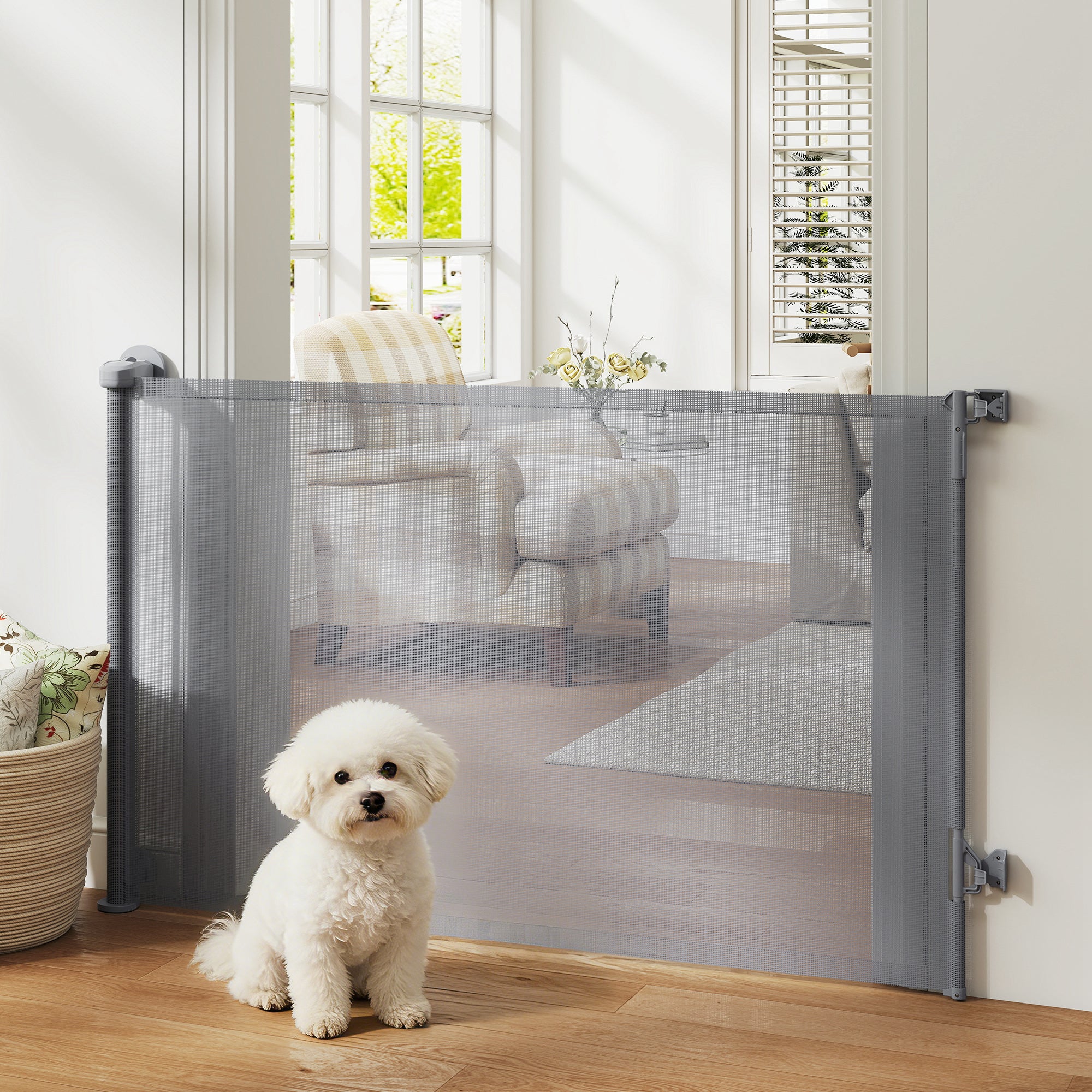 pawhut-barri-re-pour-chien-et-b-b-r-tractable-jusqu-140-cm-sans-barre-basse-gris image 4