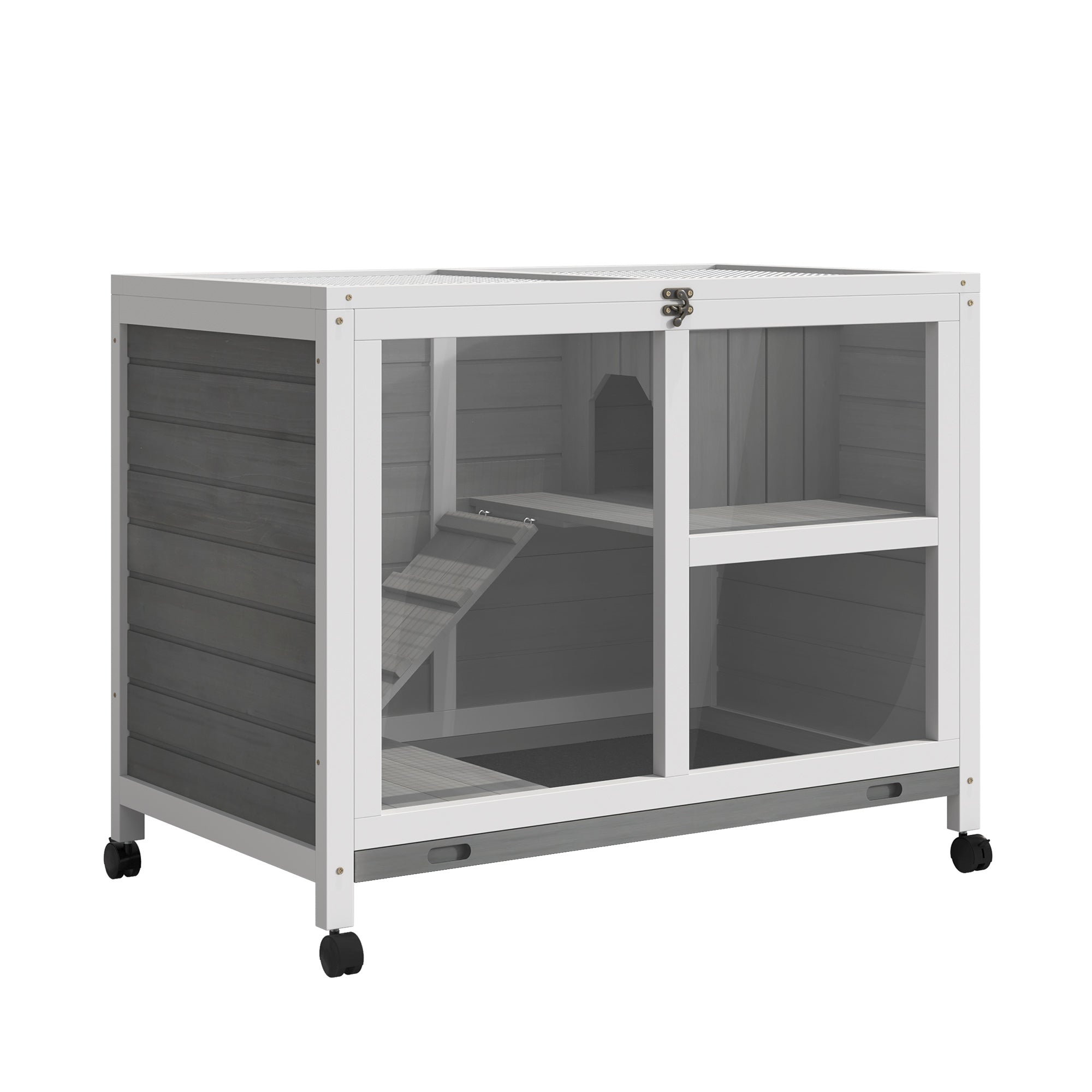 pawhut-cage-petits-animaux-en-bois-2-tages-roulettes-gris image 1