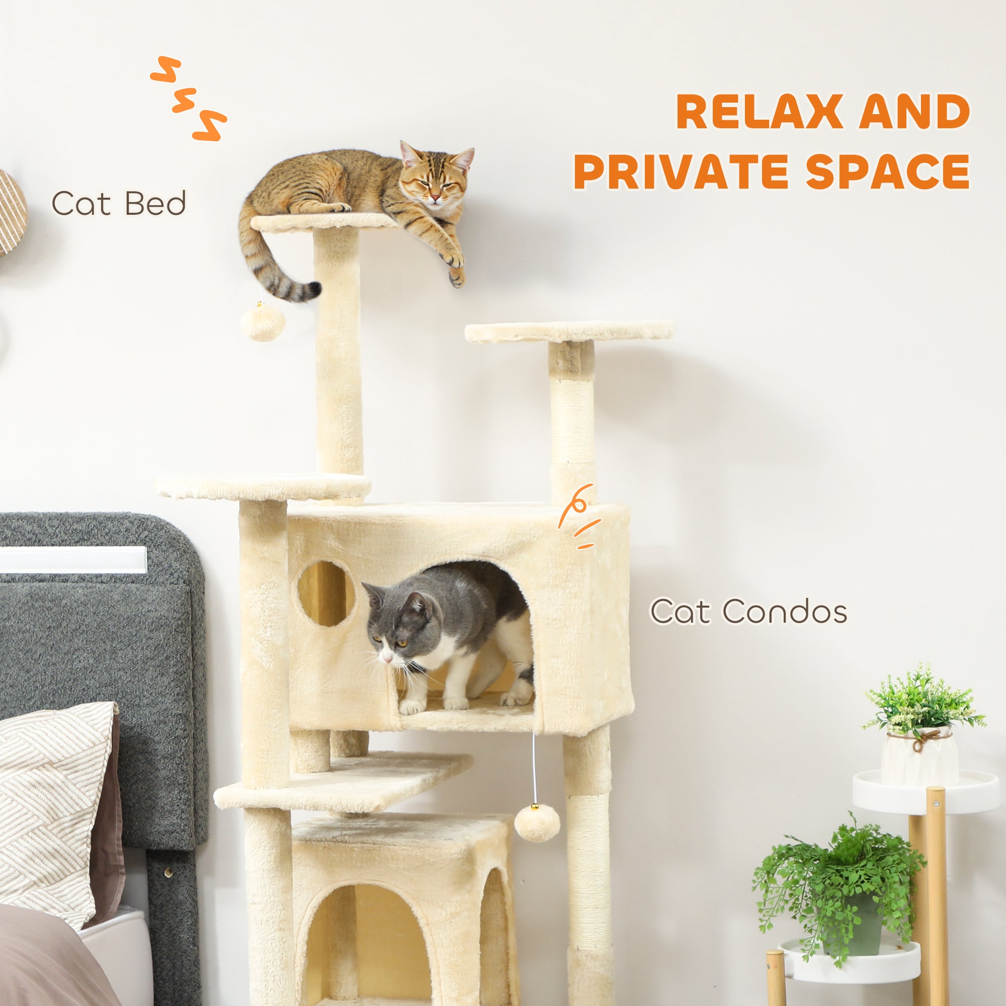 pawhut-arbre-chat-160-cm-avec-condos-lit-rampe-et-griffoirs-blanc-cr-me image 7