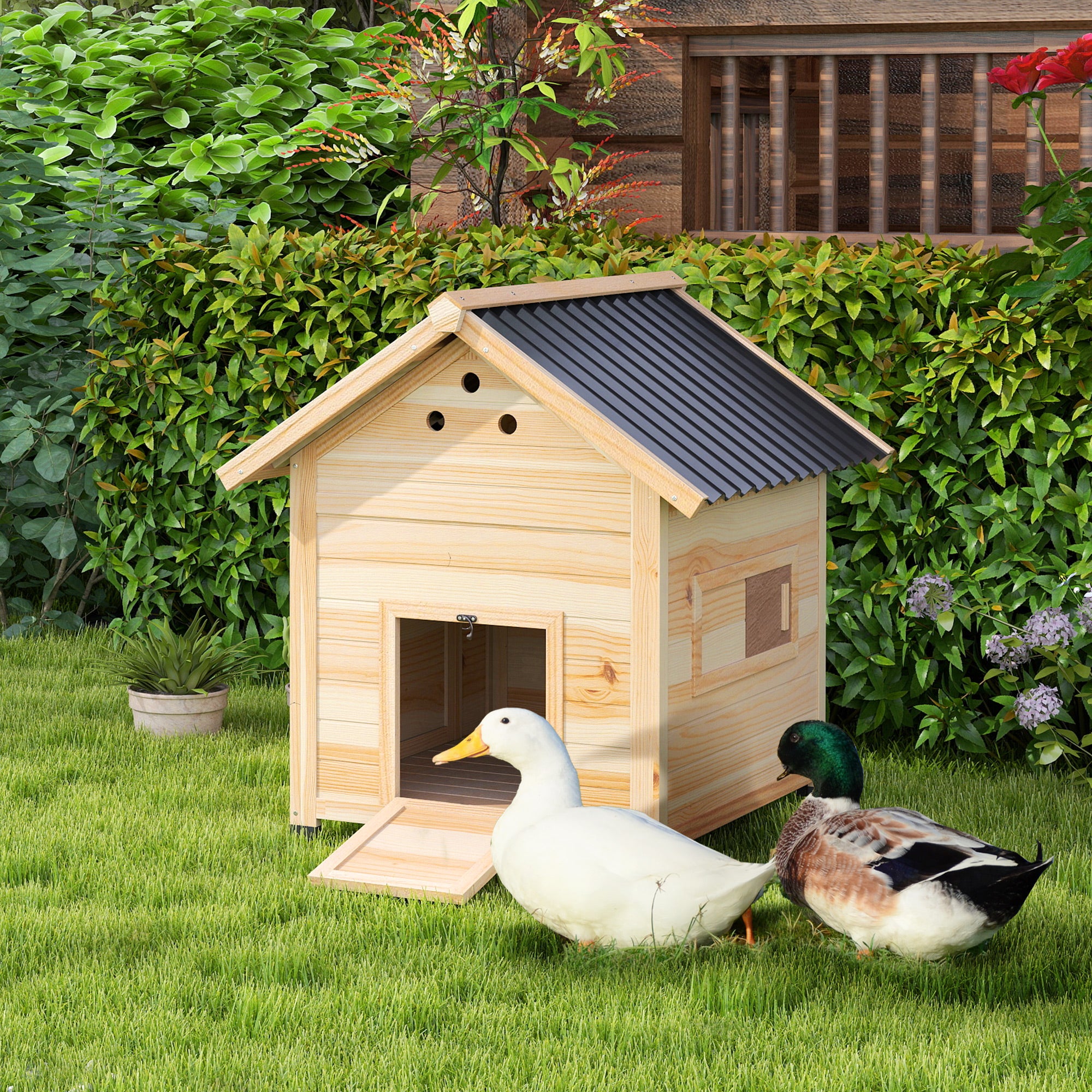 pawhut-maison-canard-bois-de-sapin-toit-ouvrant-finition-naturelle image 3