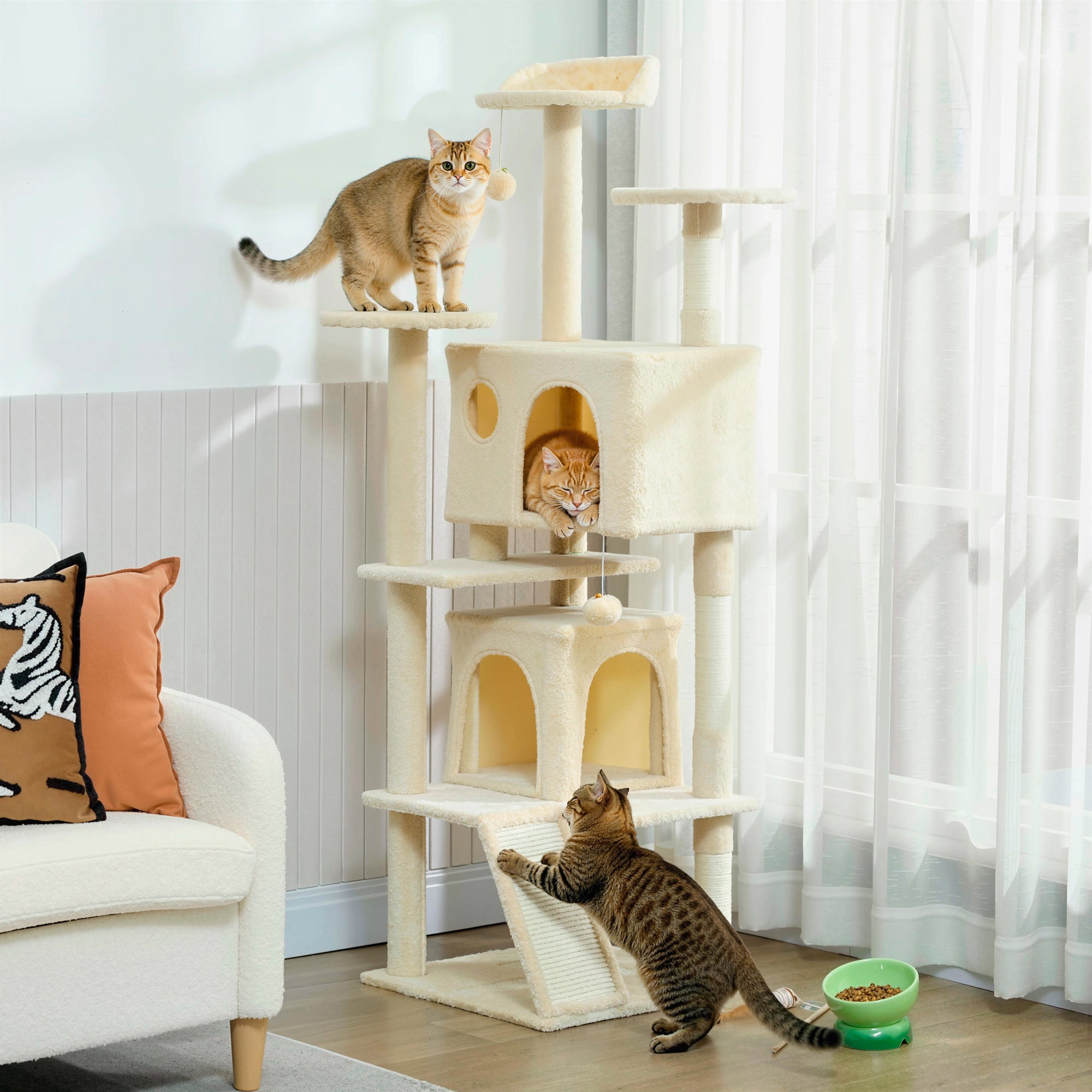 pawhut-arbre-chat-160-cm-avec-condos-lit-rampe-et-griffoirs-blanc-cr-me image 3