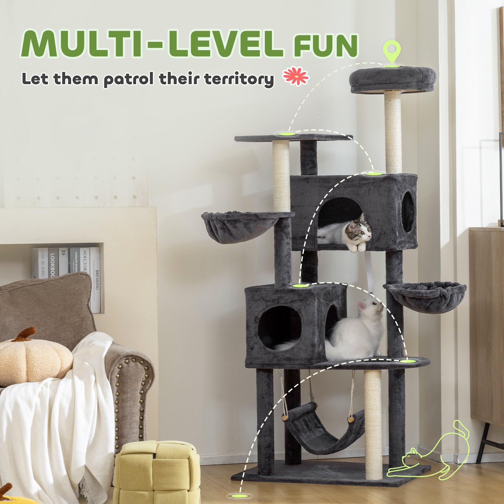 pawhut-arbre-chat-66-avec-2-niches-3-hamacs-et-perchoir-gris-fonc image 6