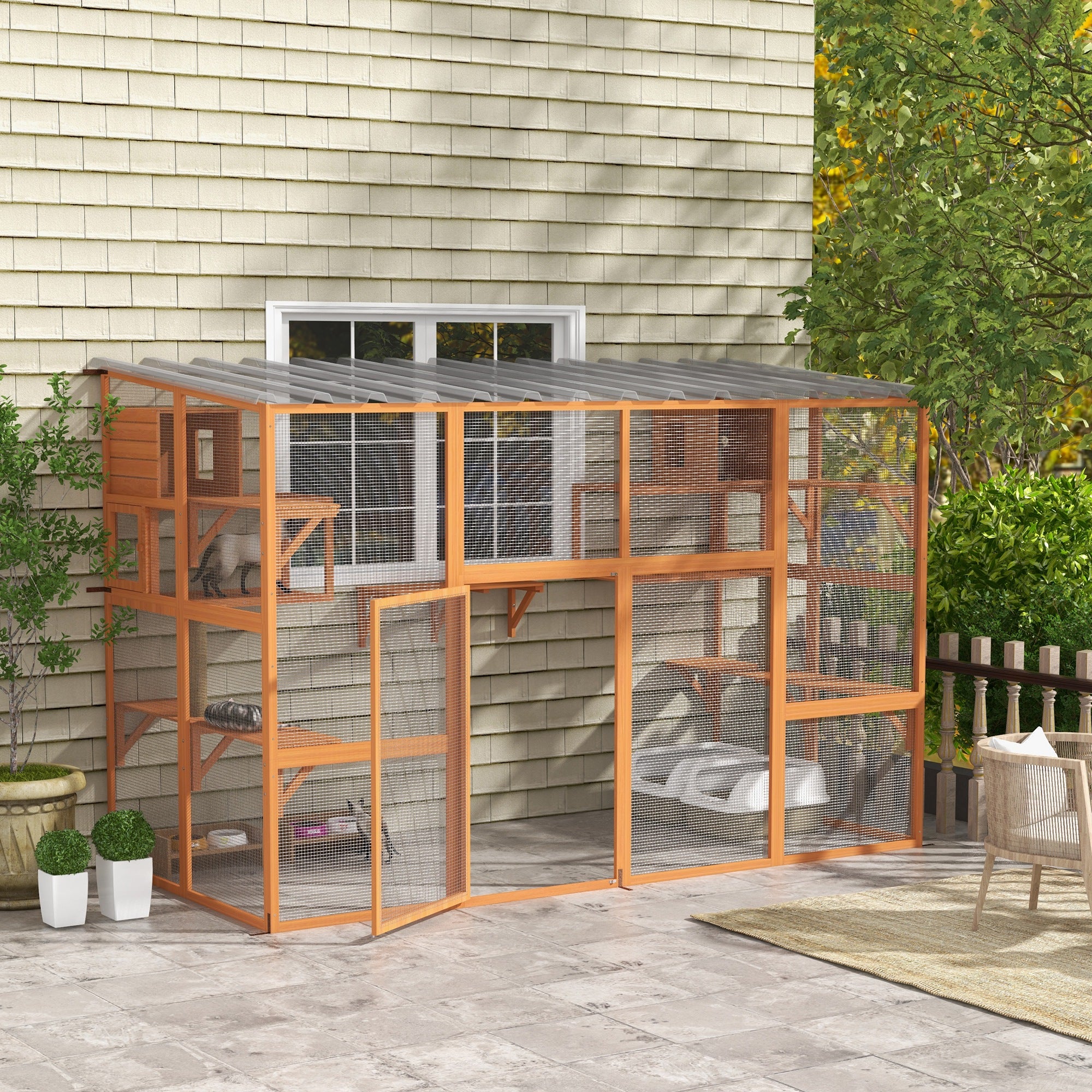 pawhut-enclos-ext-rieur-walk-in-catio-orange-avec-condos-et-plateformes-et-toit image 4