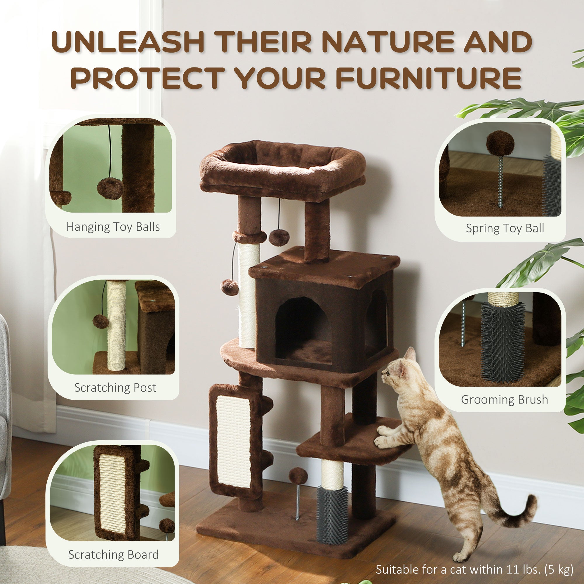 pawhut-arbre-chat-104-cm-avec-lit-niche-et-griffoirs-marron image 7