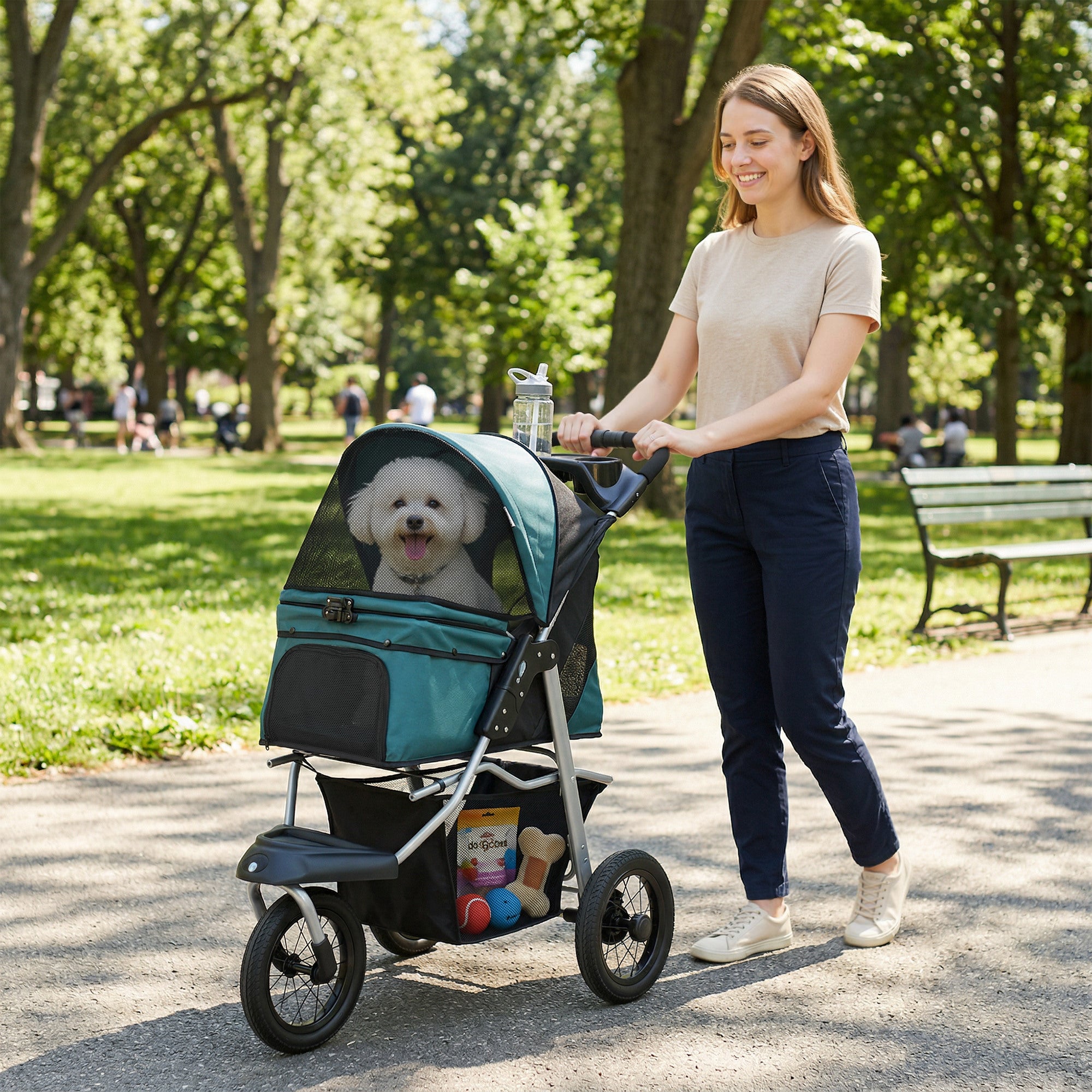 pawhut-poussette-chien-3-roues-pliable-vert-fonc-12-jusqu-10-kg-avec-fen-tre-mes image 4