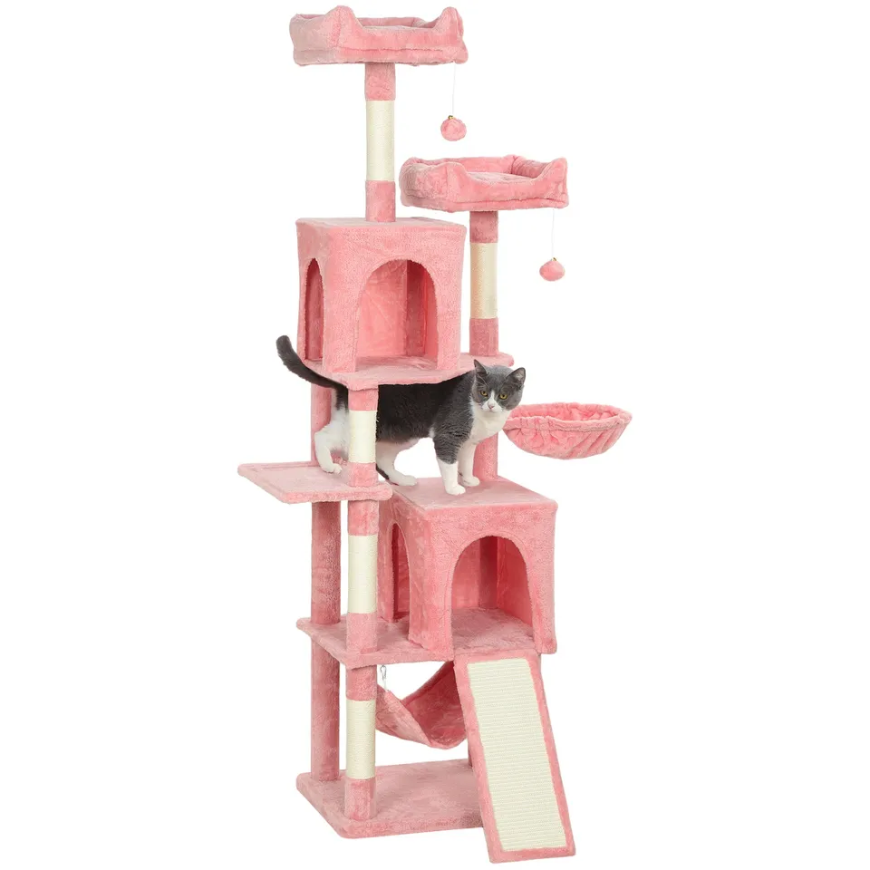 pawhut-arbre-chat-177-cm-2-niches-2-perchoirs-et-hamac-rose image 1
