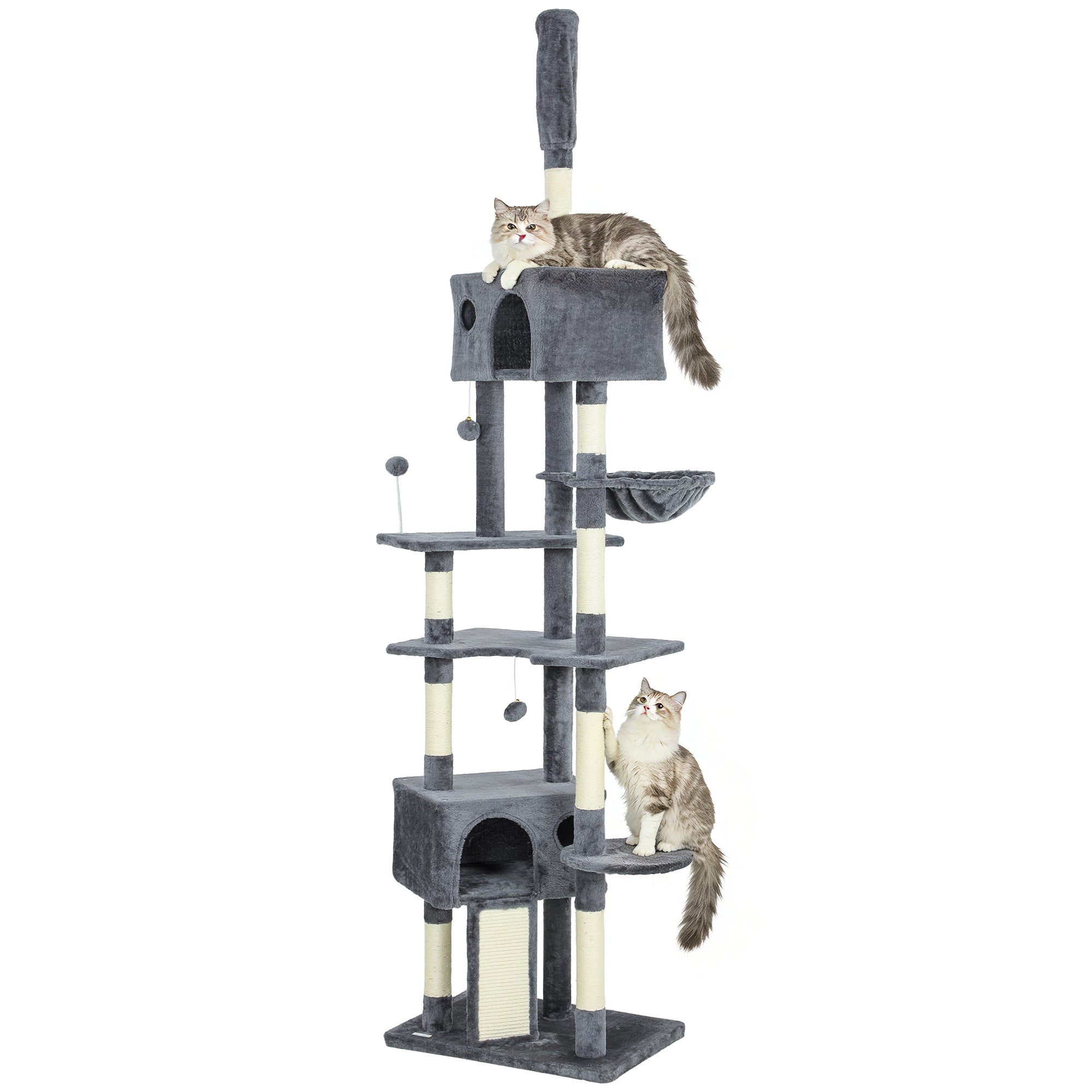 pawhut-arbre-chat-sol-plafond-230-250-cm-2-niches-hamac-gris-fonc image 2