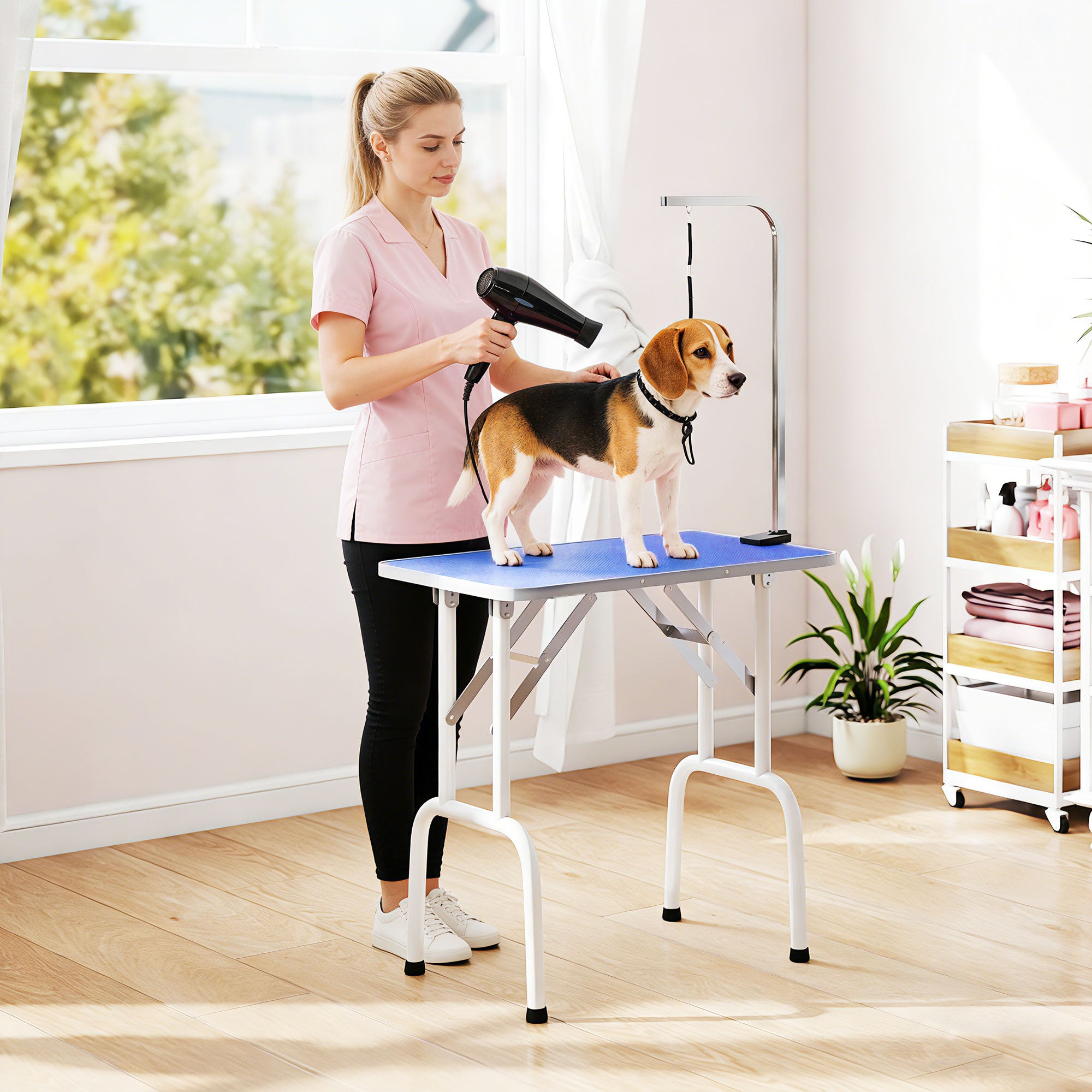 pawhut-table-de-toilettage-chien-pliable-81-cm-avec-bras-r-glable-20-60-cm-bleue image 4