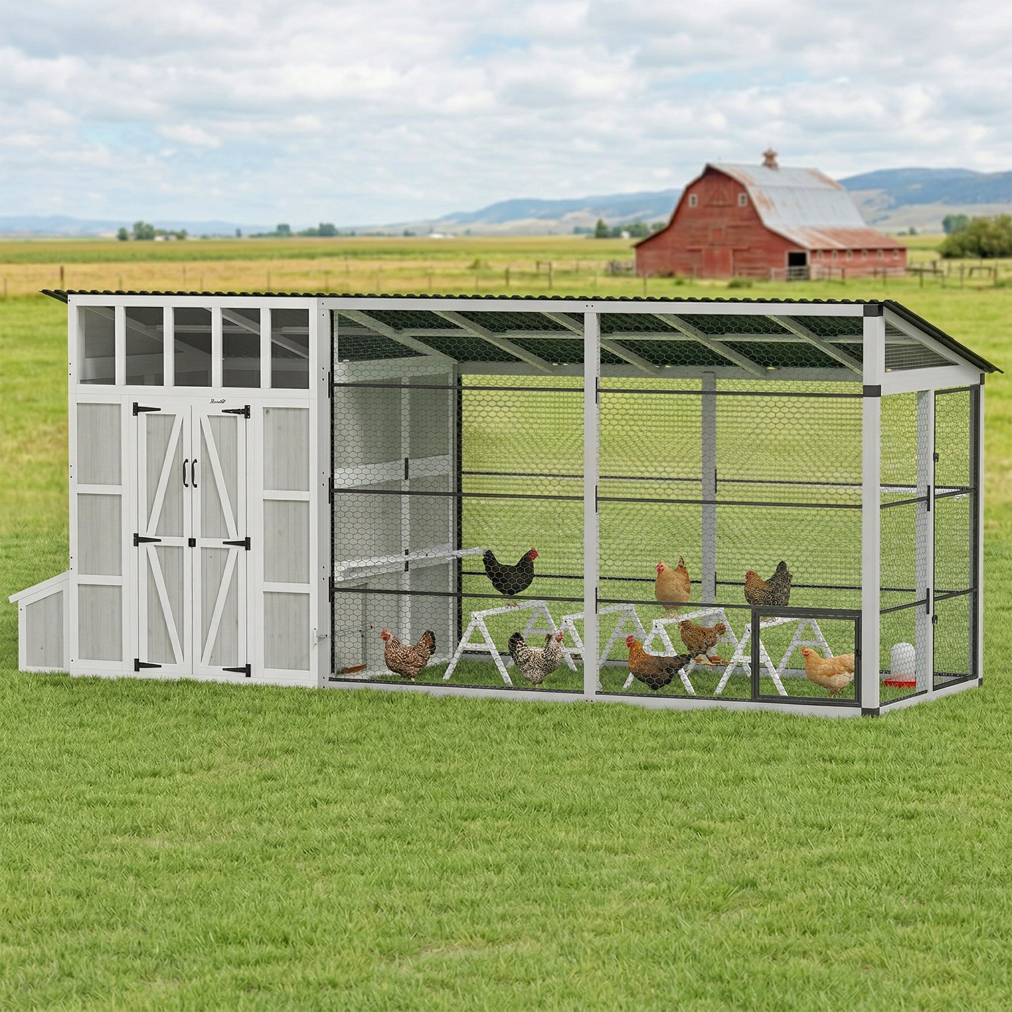 pawhut-poulailler-walk-in-212-pour-10-15-poules-avec-enclos-et-pondoir-gris-clai image 4