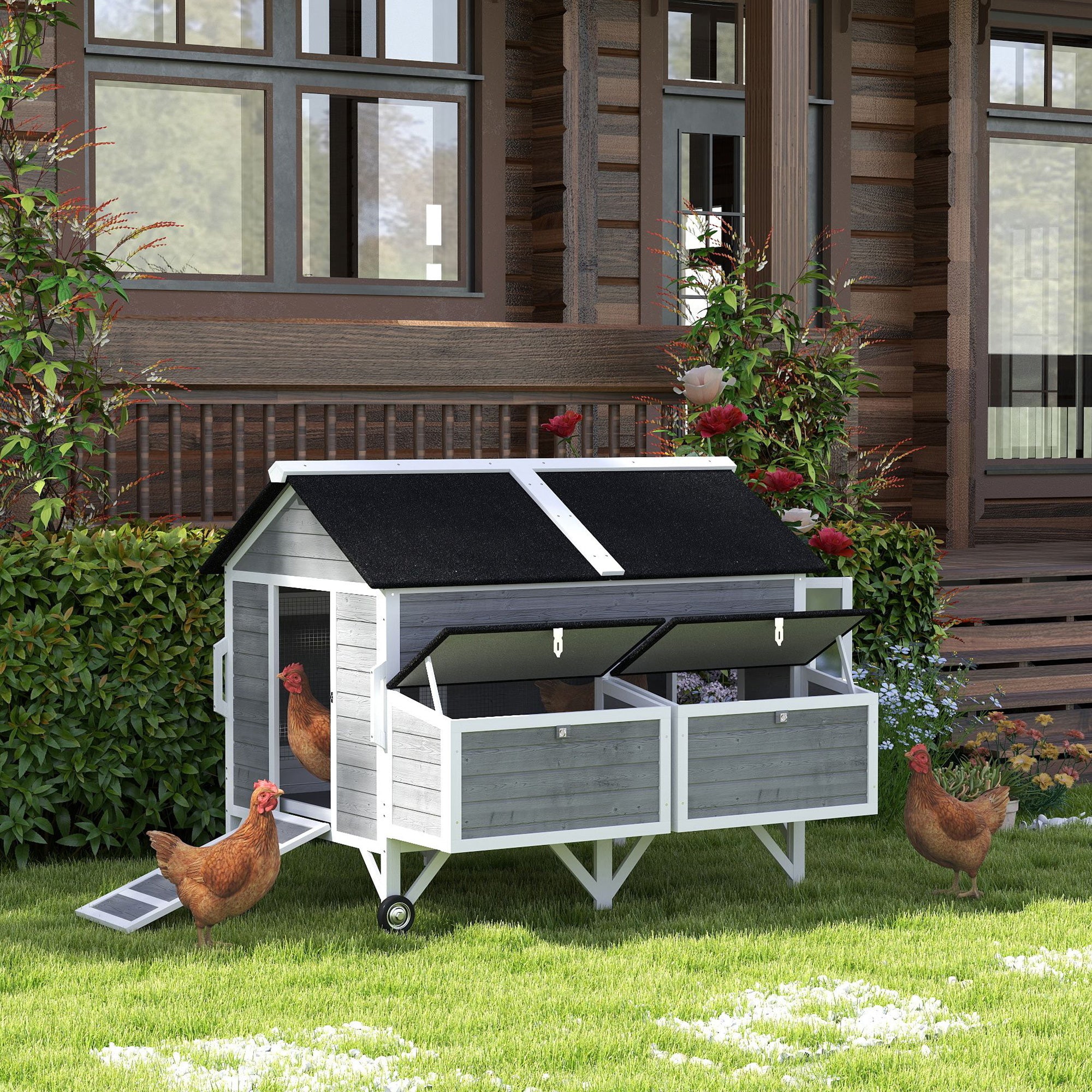 pawhut-poulailler-mobile-avec-2-pondoirs-2-plateaux-et-roues-gris image 3
