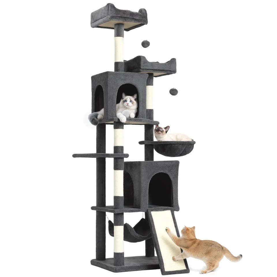 pawhut-arbre-chat-177-cm-avec-2-niches-2-perchoirs-et-hamac-gris-fonc image 1