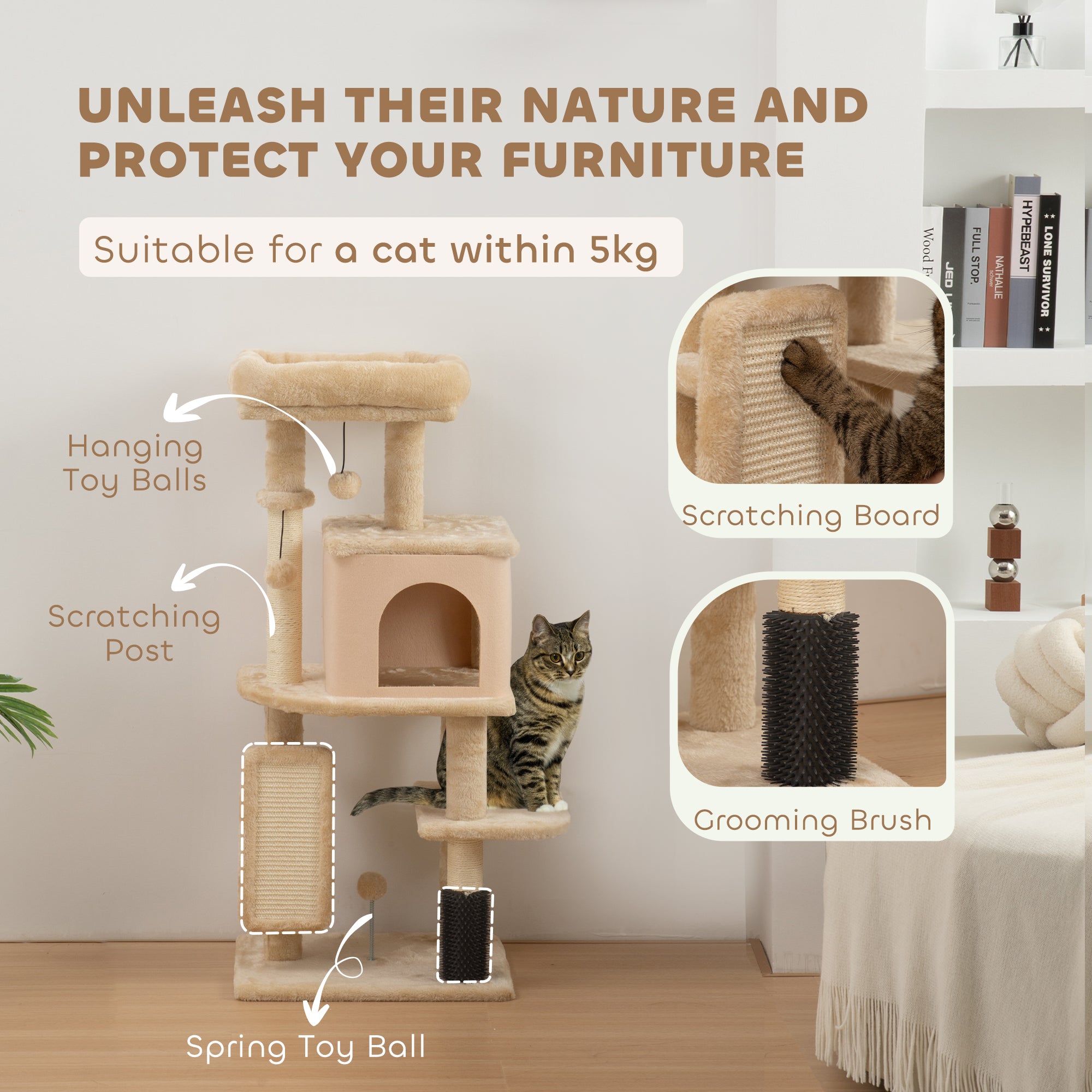 pawhut-arbre-chat-104-cm-avec-niche-couchage-griffoirs-et-brosse-beige image 7