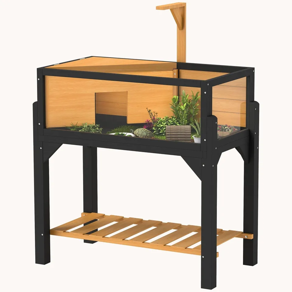 pawhut-habitat-pour-tortue-en-bois-avec-tag-re-de-rangement-et-support-de-lampe- image 1