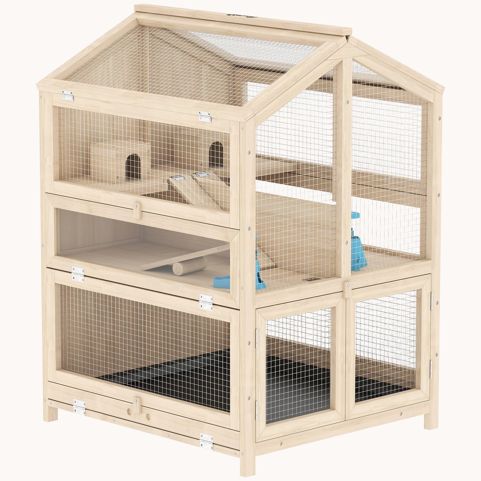 pawhut-cage-hamster-bois-3-tages-avec-s-parateur-naturel-68x61x90-cm image 2