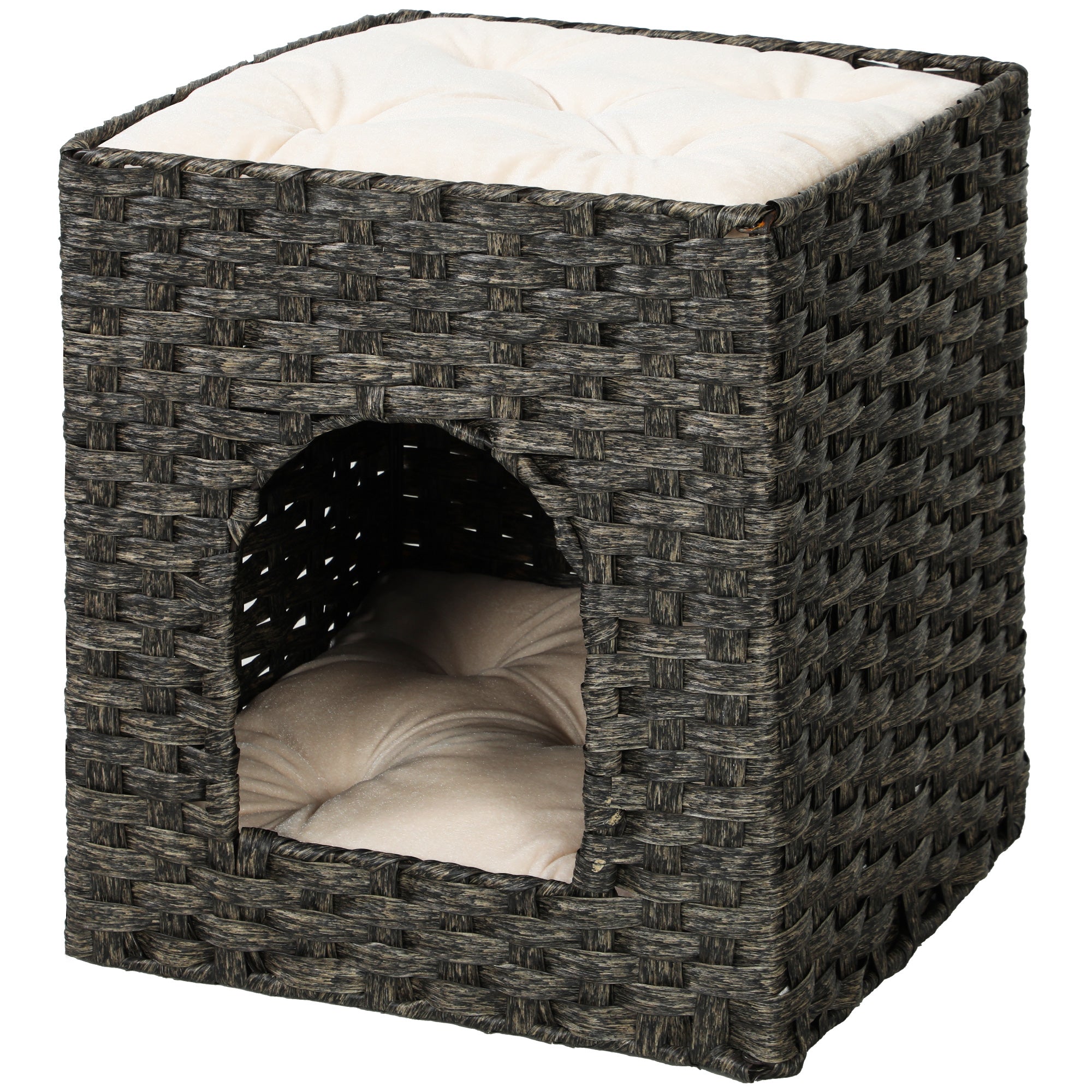 pawhut-maison-pour-chat-rotin-2-niveaux-43x40x49-cm-avec-coussins-grise image 2