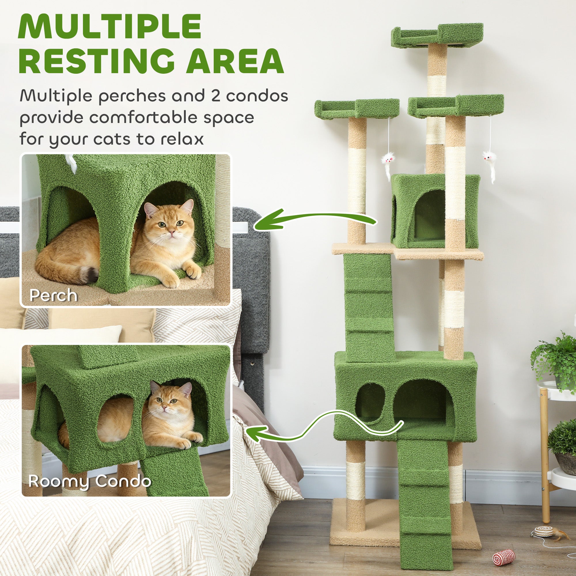 pawhut-arbre-chat-68-avec-2-niches-perchoirs-et-griffoirs-vert image 8