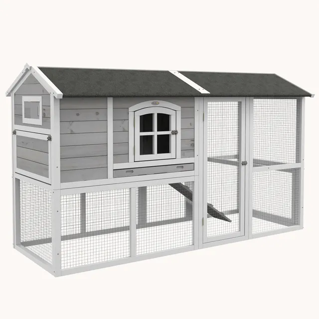 pawhut-poulailler-bois-2-tages-77-5-avec-enclos-et-pondoir-3-4-poules-gris-clair image 1