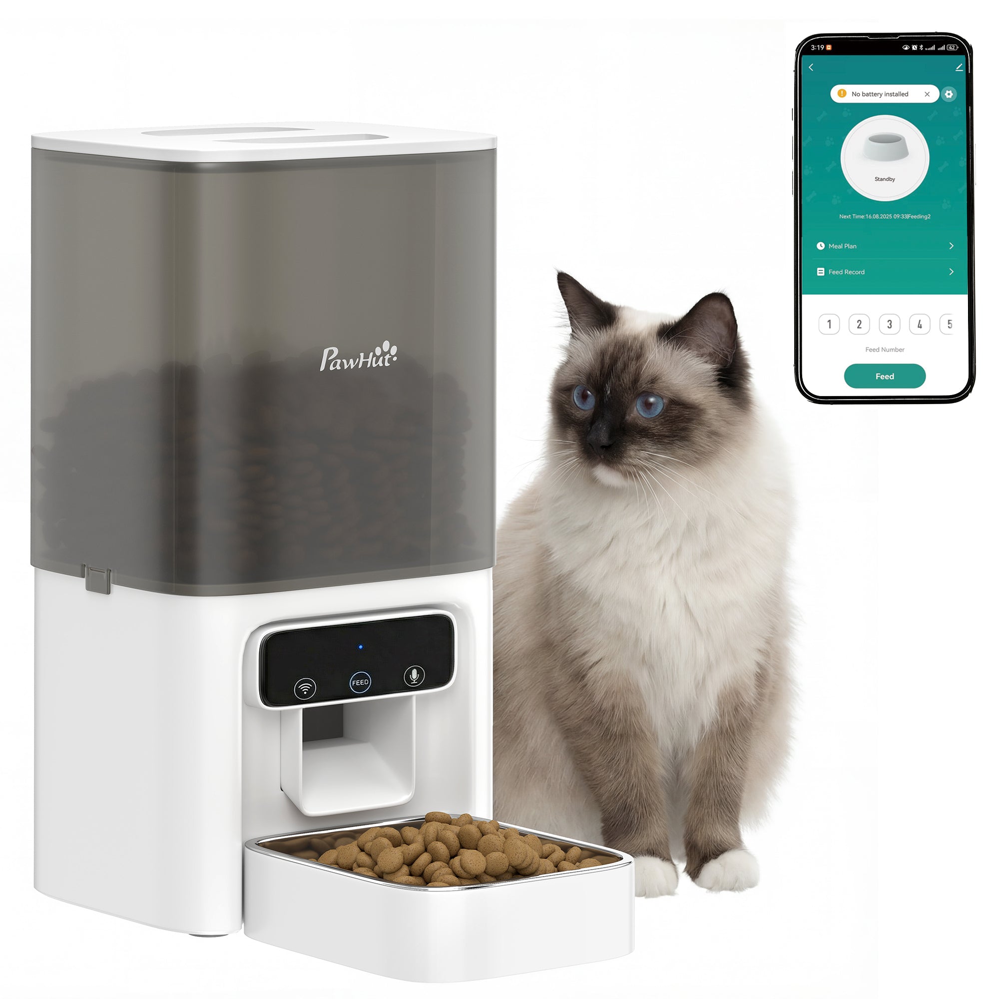 pawhut-distributeur-automatique-pour-chat-4-5-l-avec-bol-inox-wifi-jusqu-10-repa image 1
