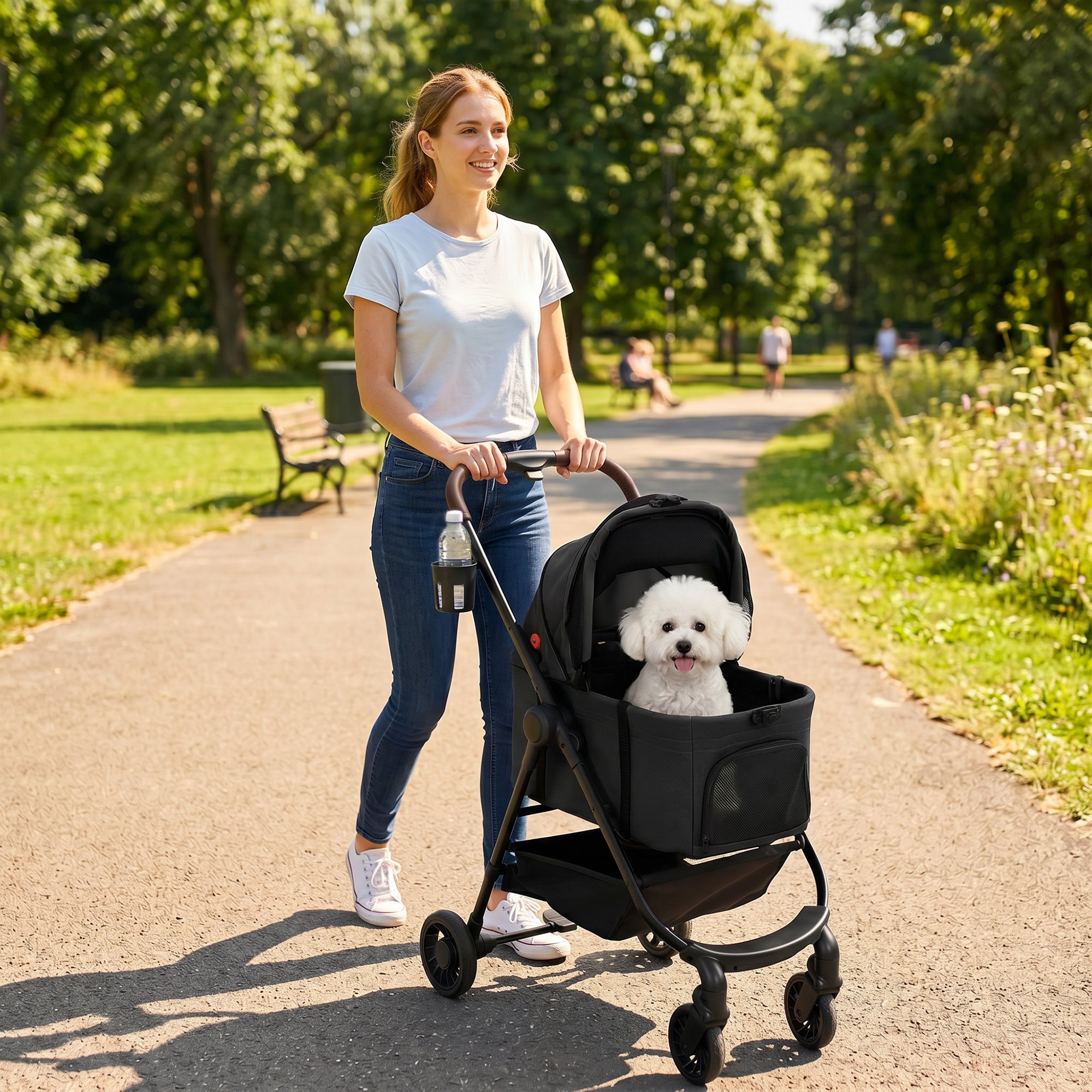 pawhut-poussette-3-en-1-pliante-pour-petits-chiens-et-chats-avec-panier-d-tachab image 3