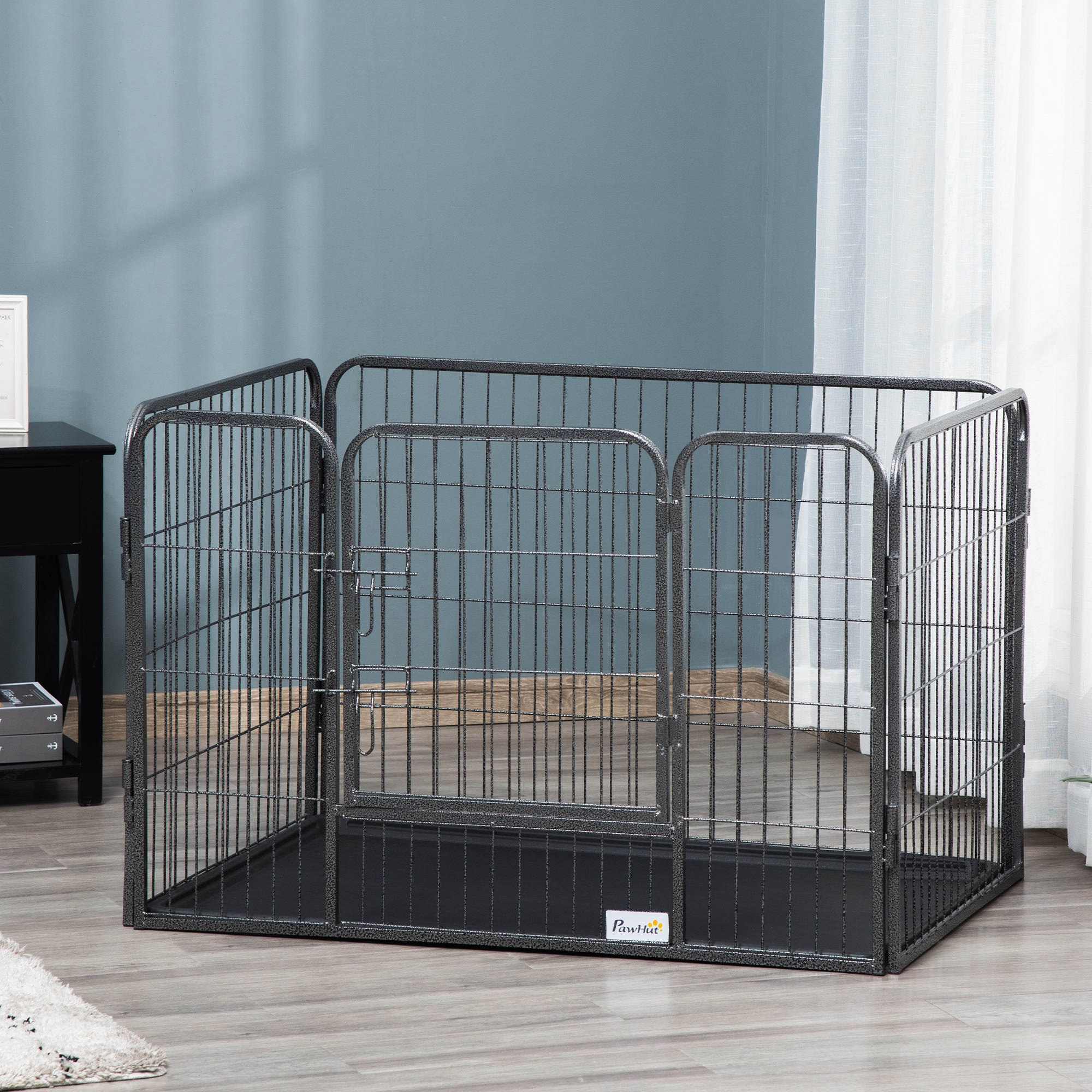 pawhut-parc-pour-chien-4-panneaux-avec-porte-et-plateau-gris-int-rieur-ext-rieur image 4